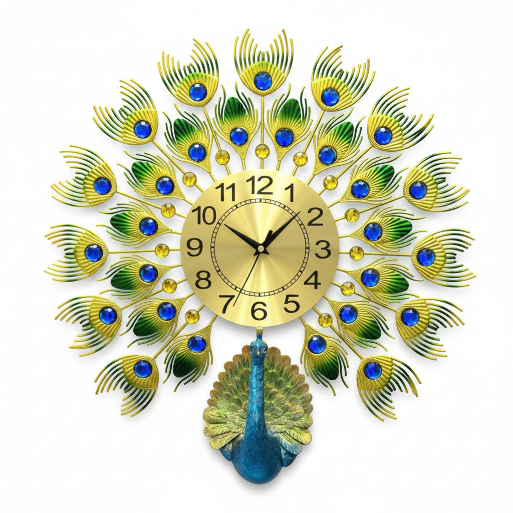 Modern Finished Classic Styled Peacock Clock Décor Vibrant Arts From Tamrapatra - Tamrapatra