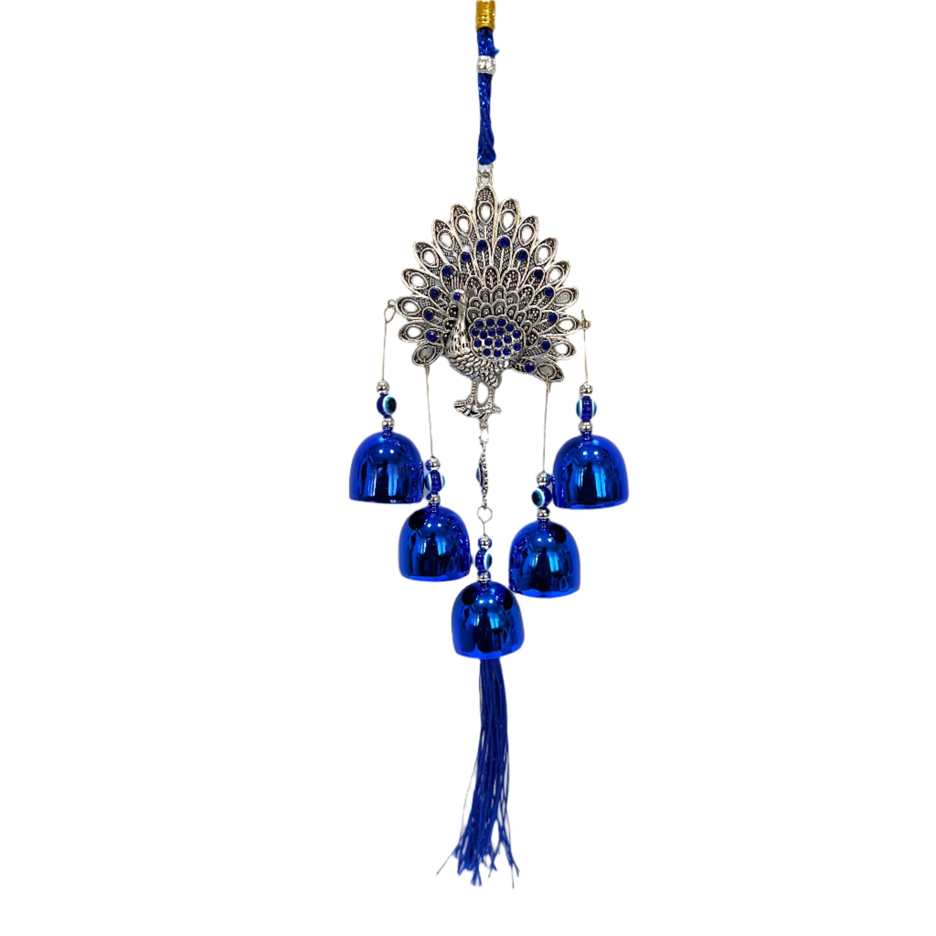 Decorative hanging with blue beads and tassels on a white background
