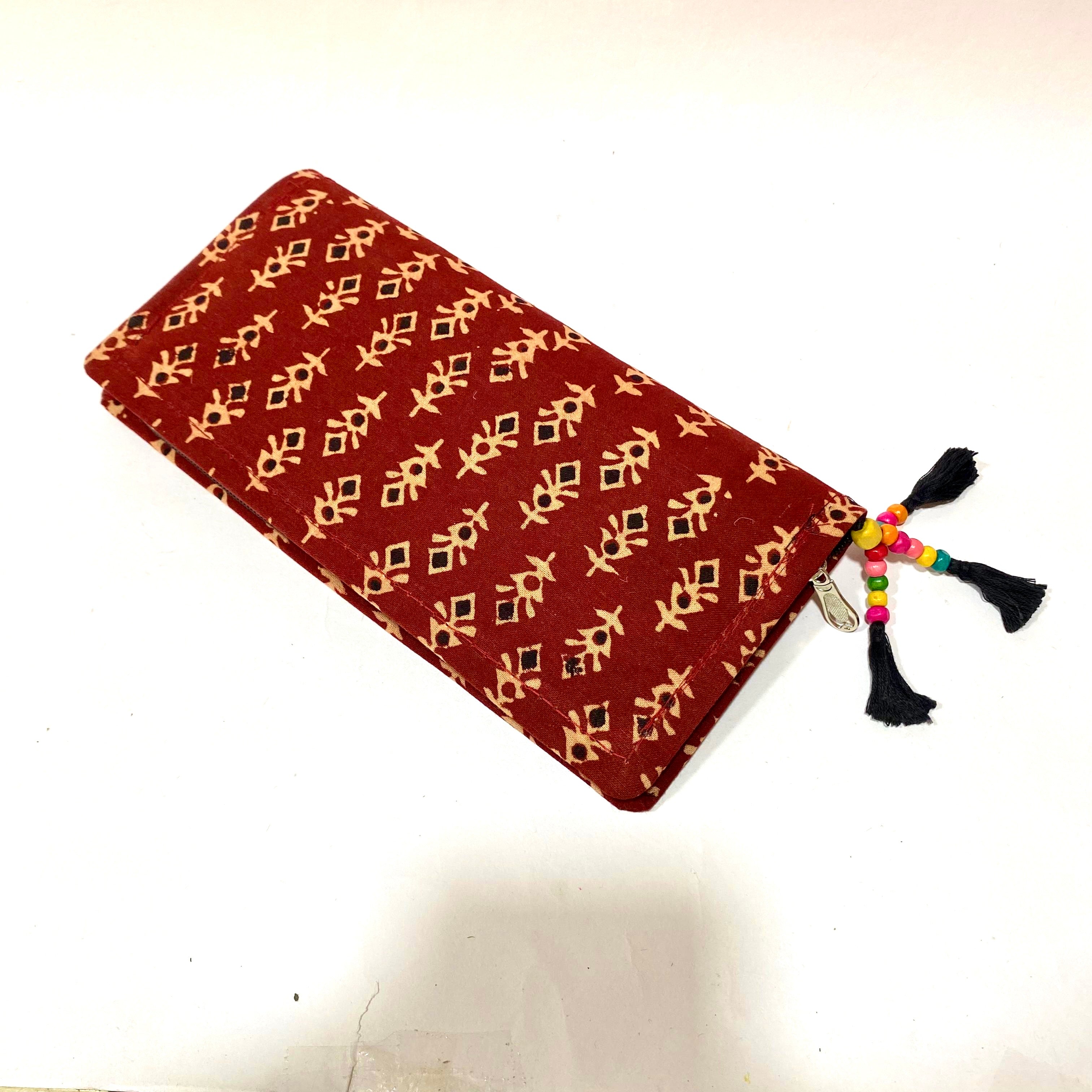 Cotton Embroidery Block Print Purse With Mirrors Styled With Beads By Tamrapatra