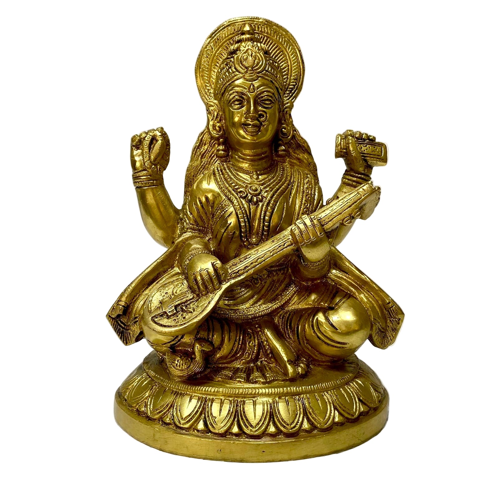 Brass statue of a seated figure with a musical instrument on a white background