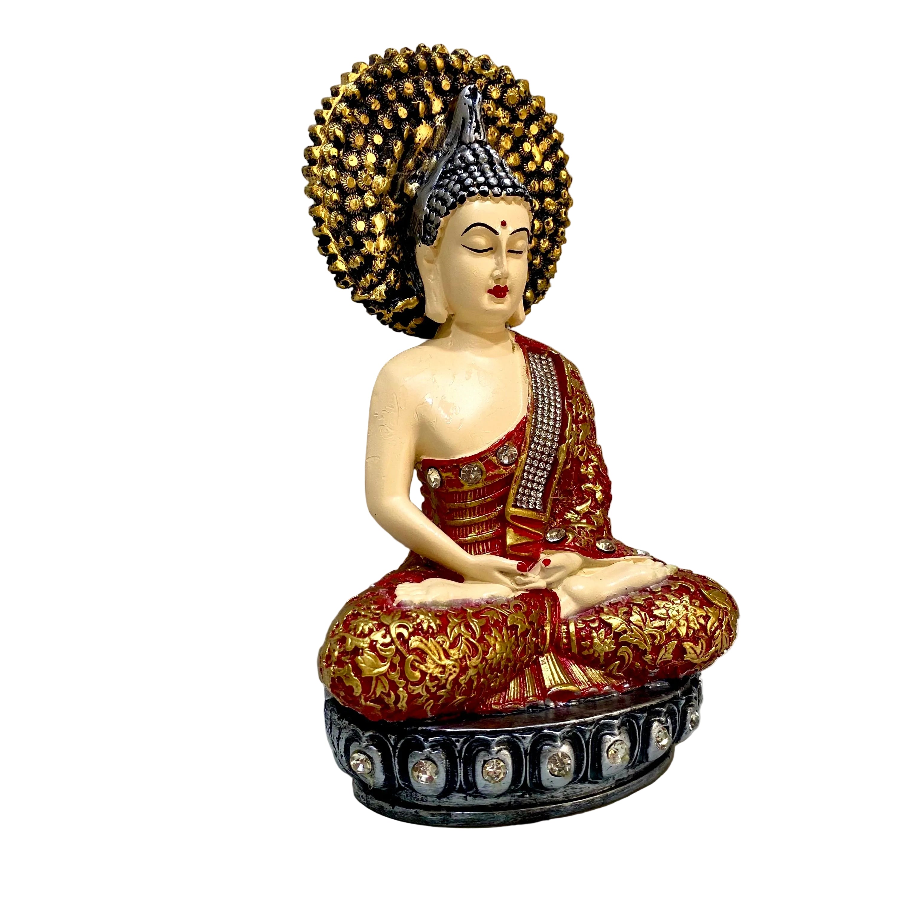 Decorative Buddha statue with intricate details on a plain background