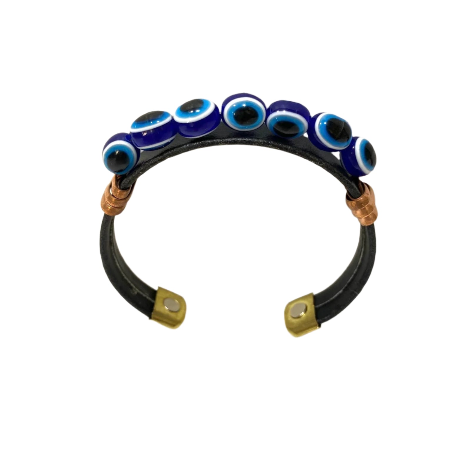 Black leather bracelet with blue evil eye beads on a white background