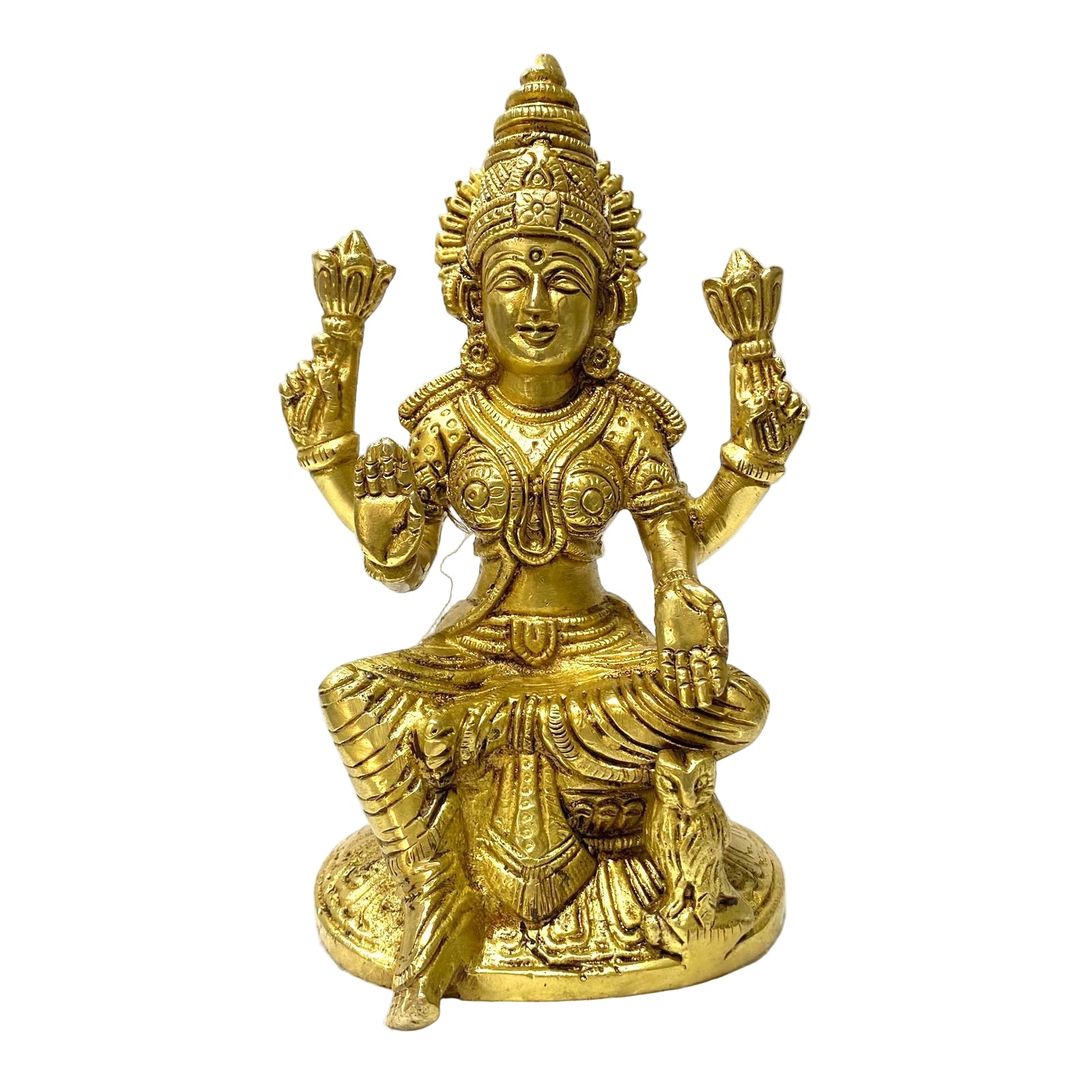 Gold-colored statue of a deity on a white background