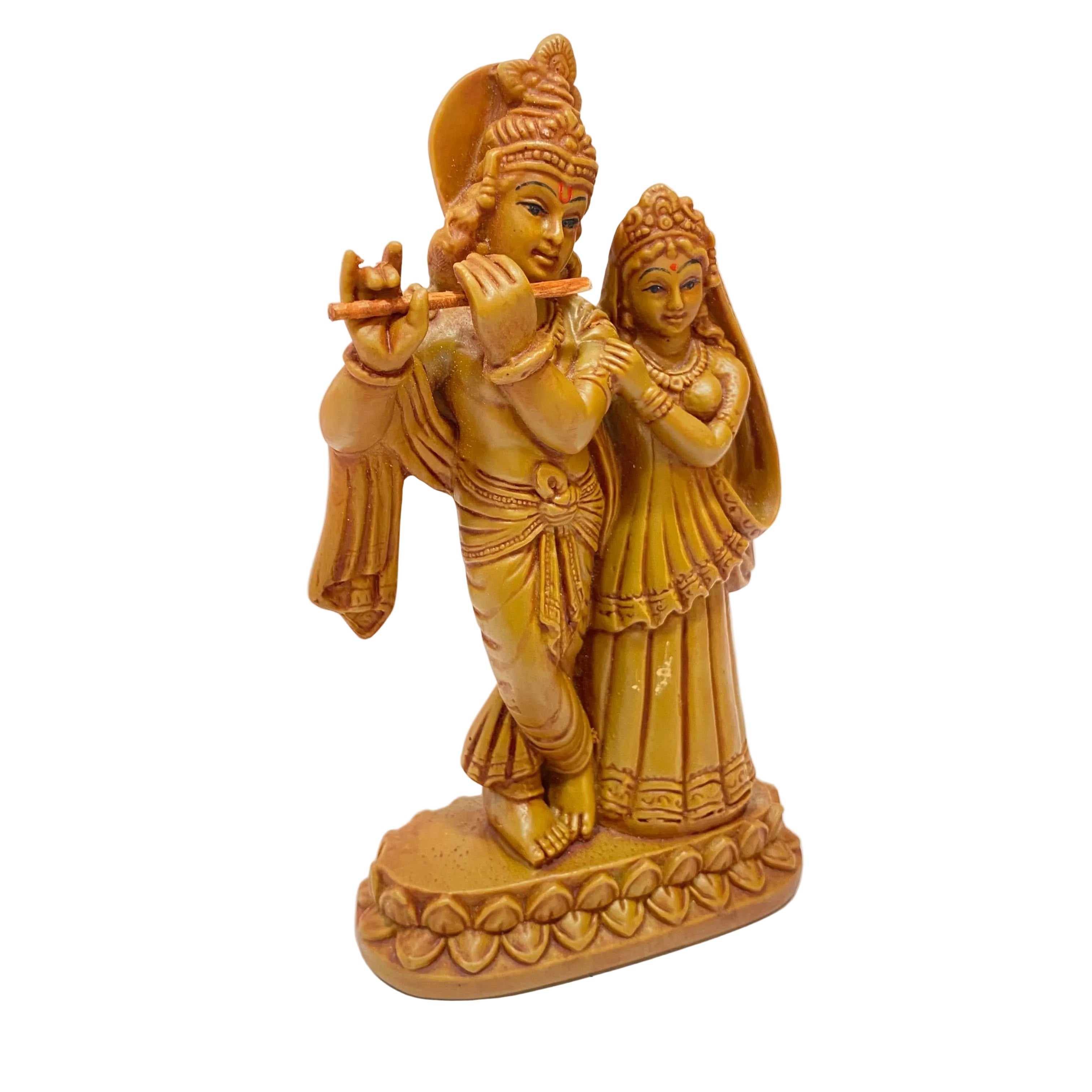 Statue of a man playing a flute and a woman, on a white background