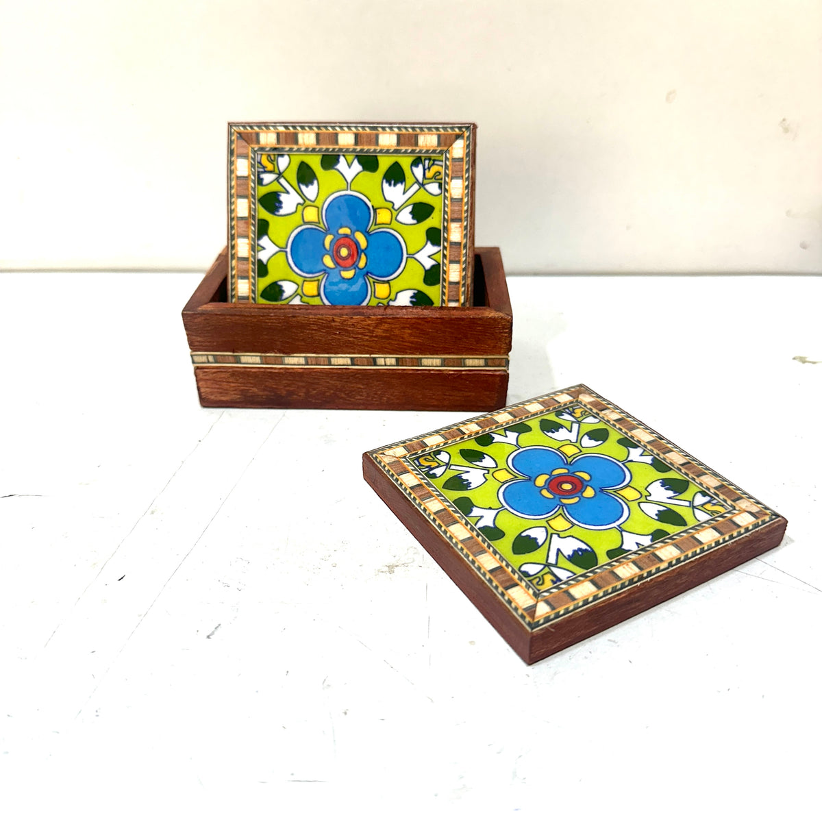 Wooden Blue Pottery 4 Tea Coasters Natural Handcrafted Utility By Tamrapatra - Tamrapatra