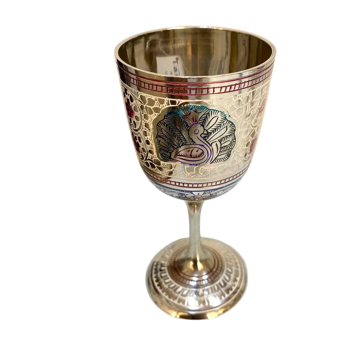 Sky Blue & Black  On Brass Engraved Wine Glass Royal Artware By Tamrapatra