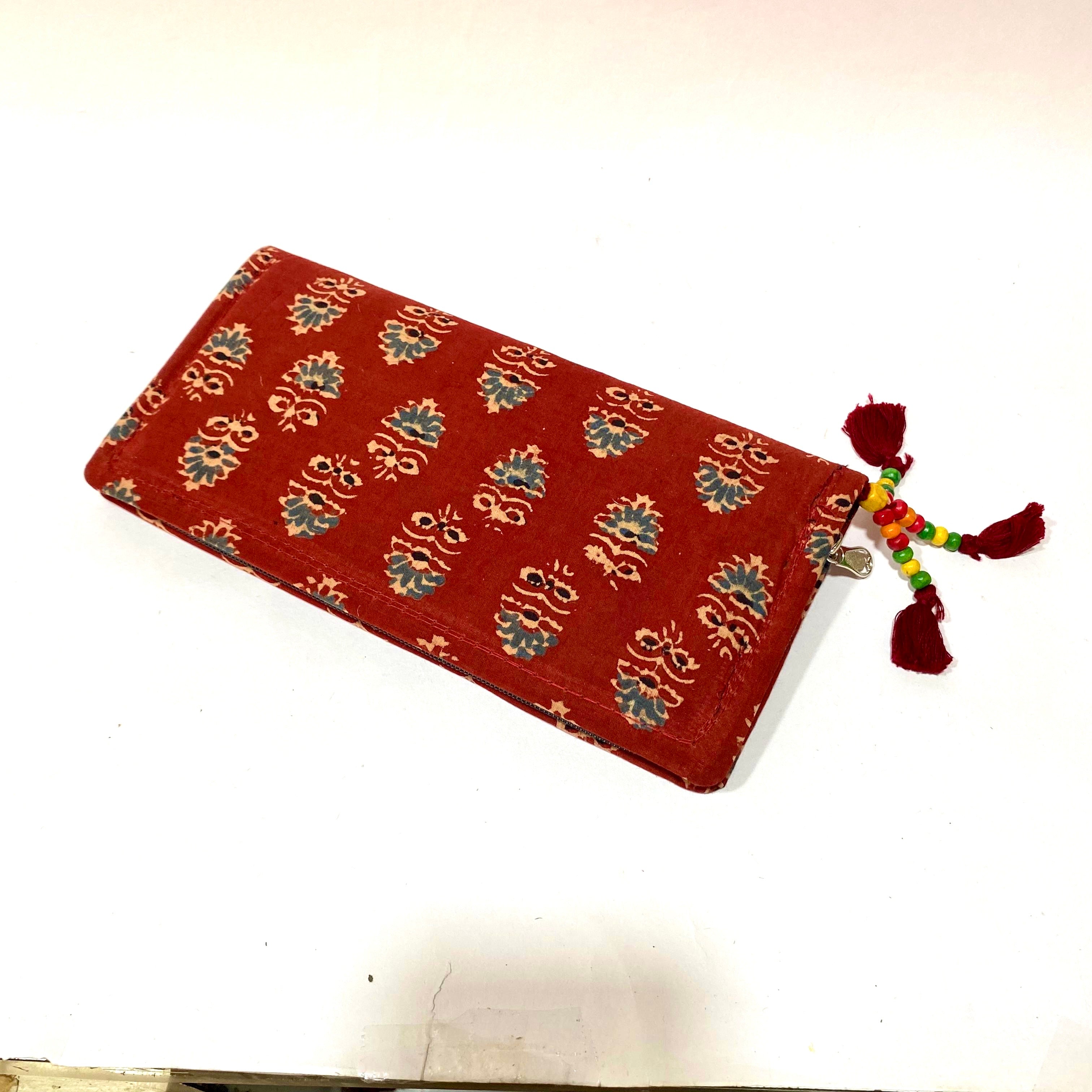 Cotton Embroidery Block Print Purse With Mirrors Styled With Beads By Tamrapatra