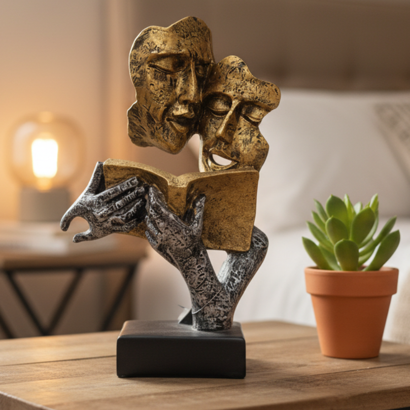 Statue of two faces holding a book, one gold and one silver, on a black base.