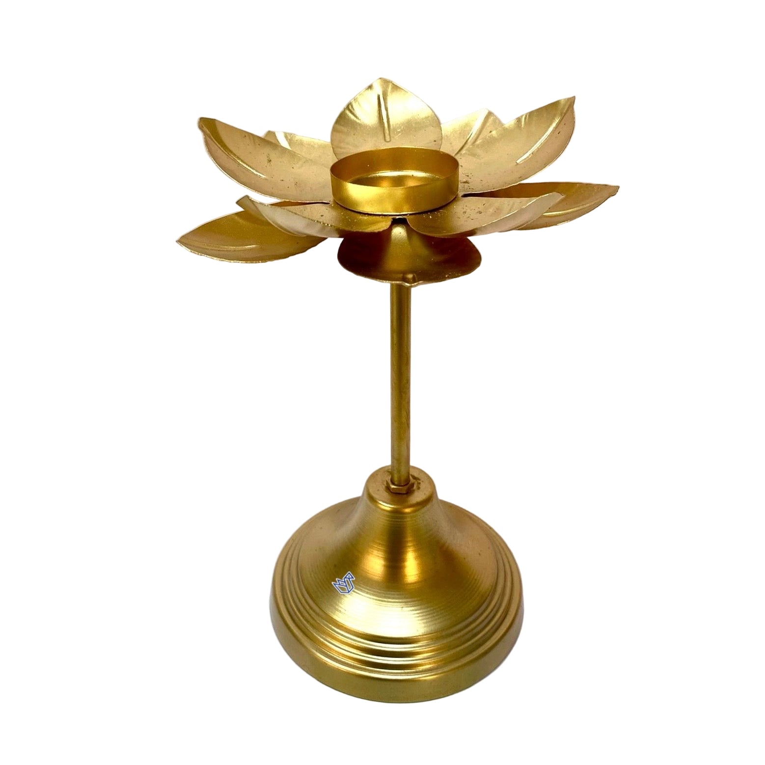 Gold-colored lotus-shaped candle holder on a white background