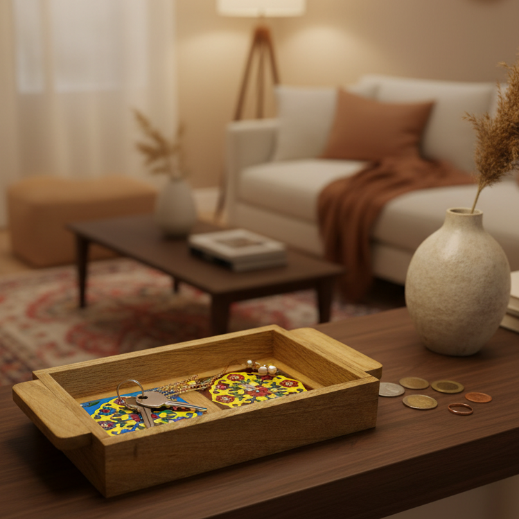 Handcrafted Creative Wooden Rustic Tray With Blue Pottery Fittings From Tamrapatra - Tamrapatra