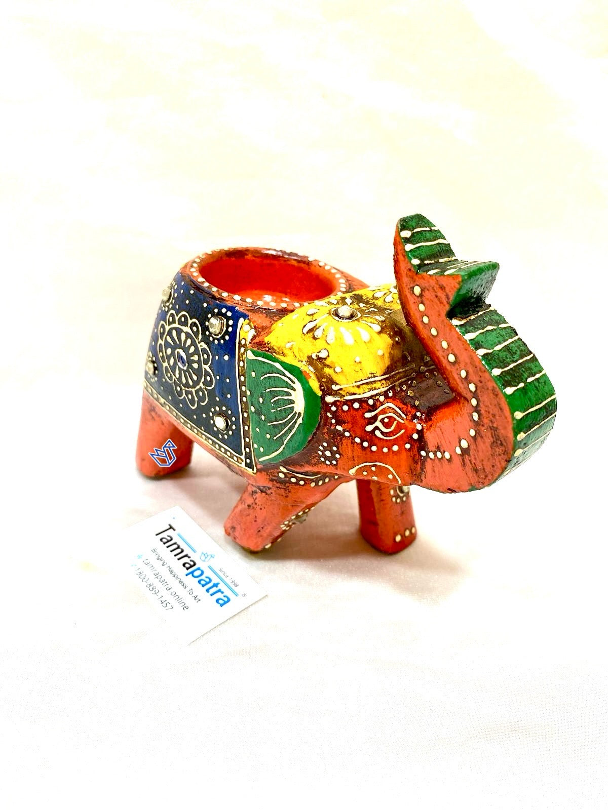 Elephant Tea Light Holder Hand Painted & Carved Wood Collection By Tamrapatra