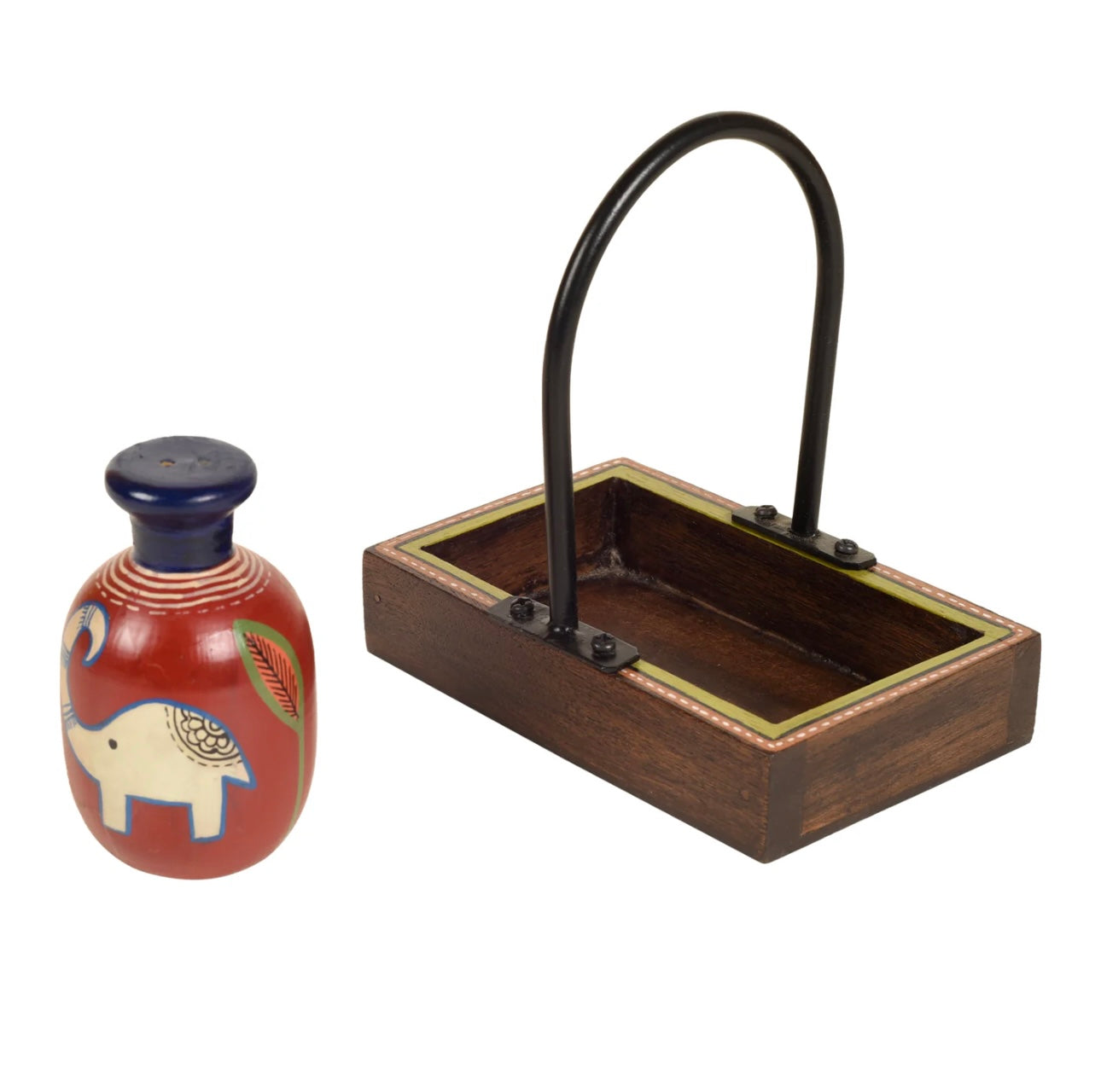 Salt Pepper Shakers In Terracotta Hand Painted In Wooden Tray Utility By Tamrapatra