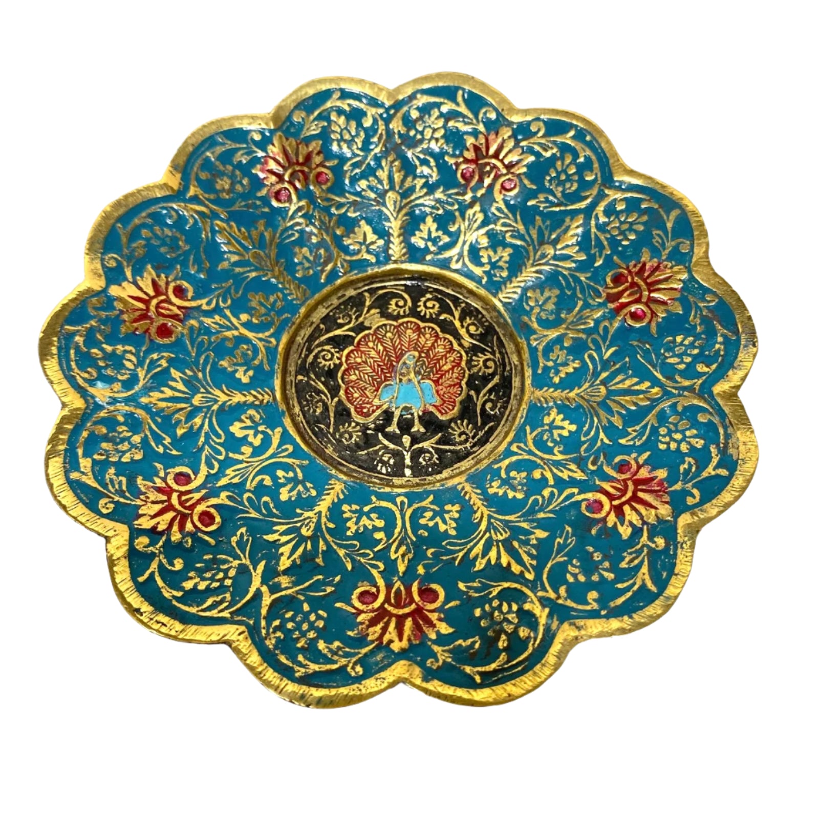 Decorative plate with intricate gold and red floral patterns on a blue background