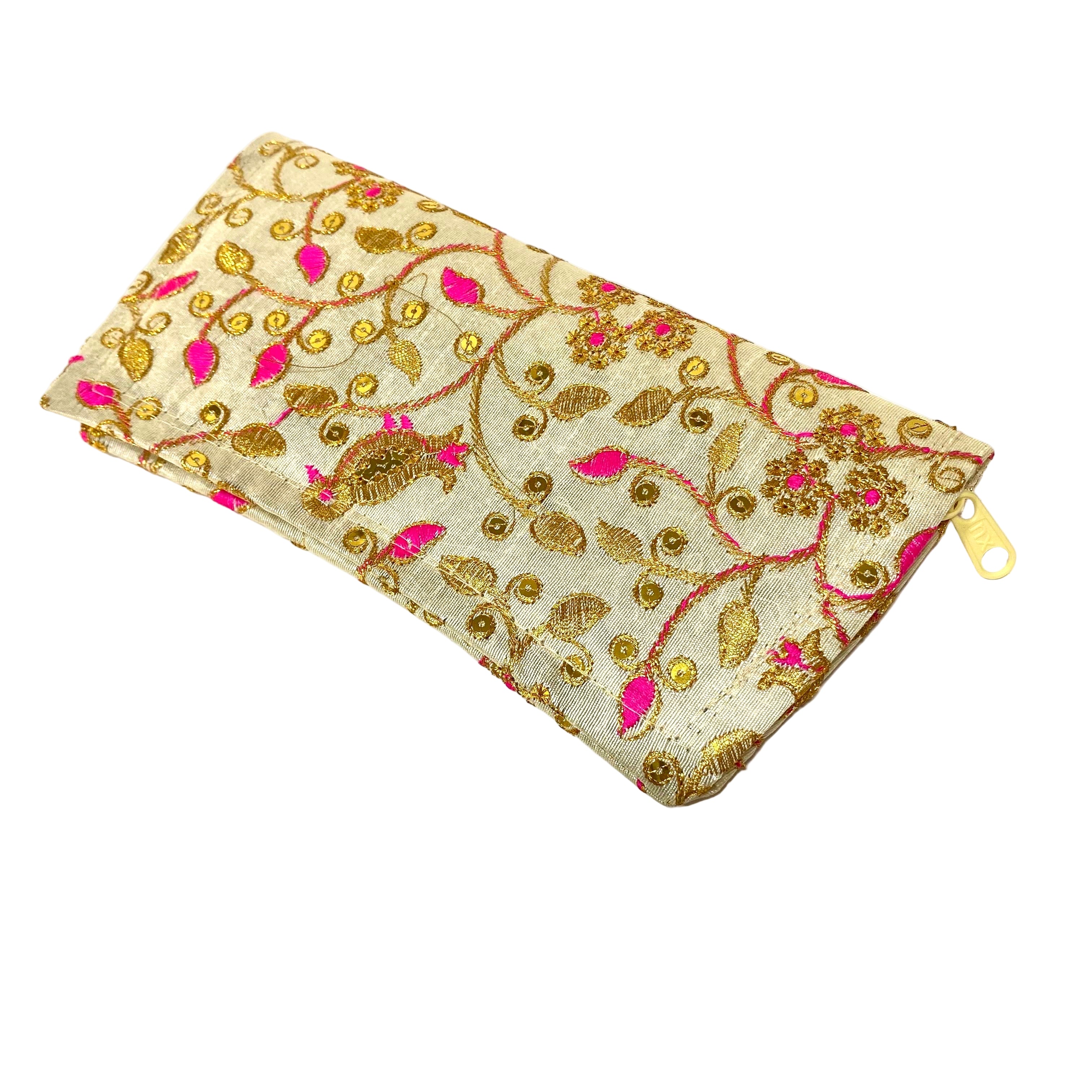Decorative pouch with gold and pink patterns on a white background