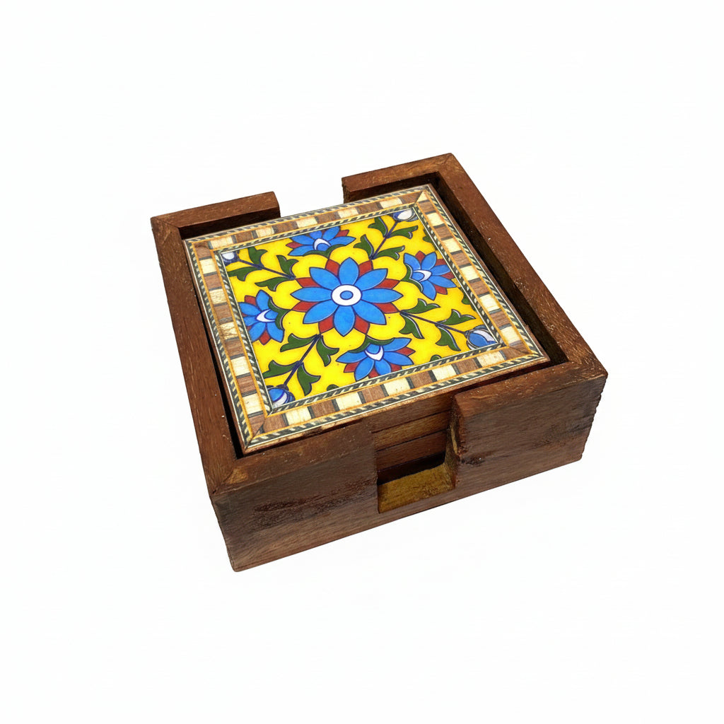 Blue Pottery Tile Fitted Tea Coaster Made With Wood Tableware Tamrapatra - Tamrapatra