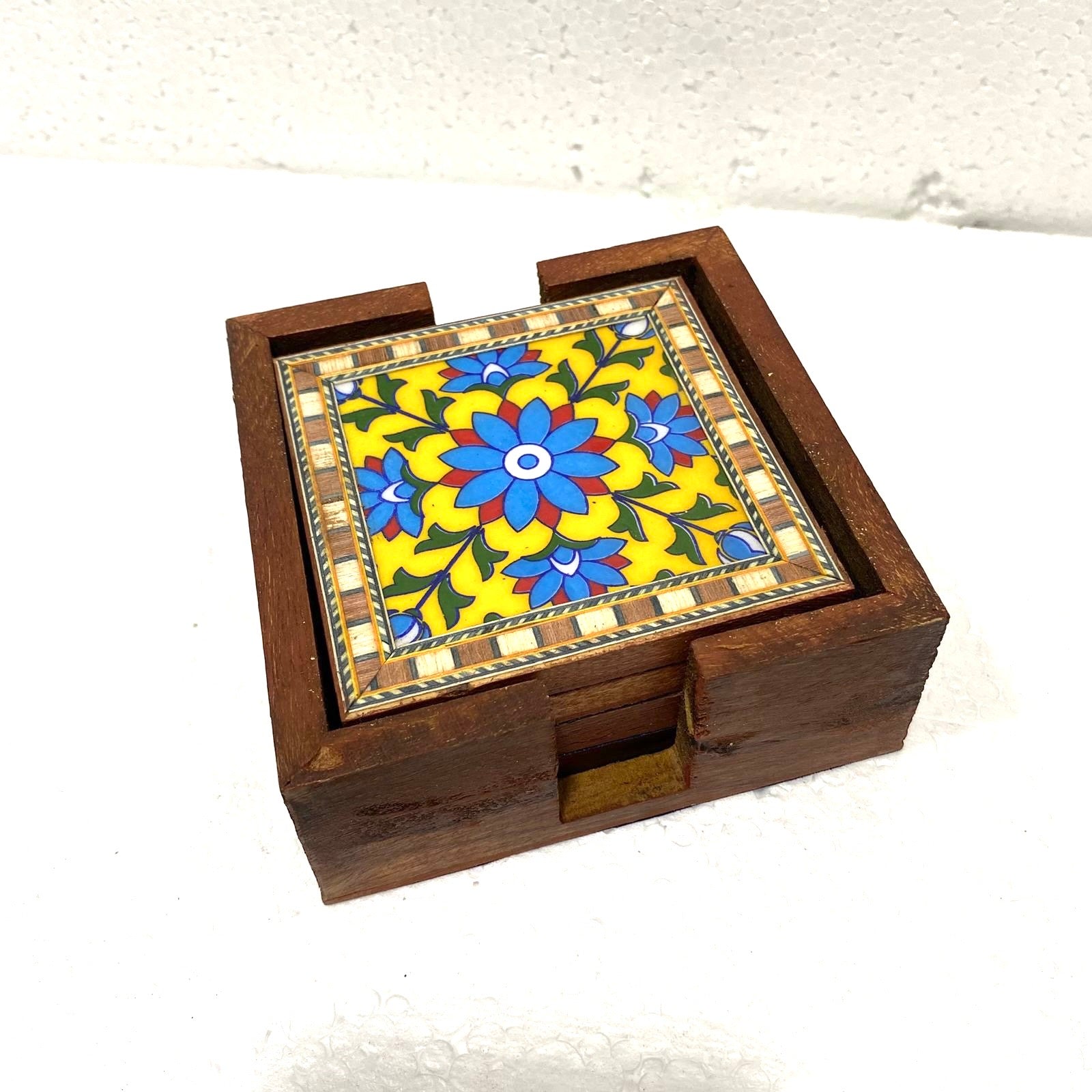 Blue Pottery Tile Fitted Tea Coaster Made With Wood Tableware Tamrapatra