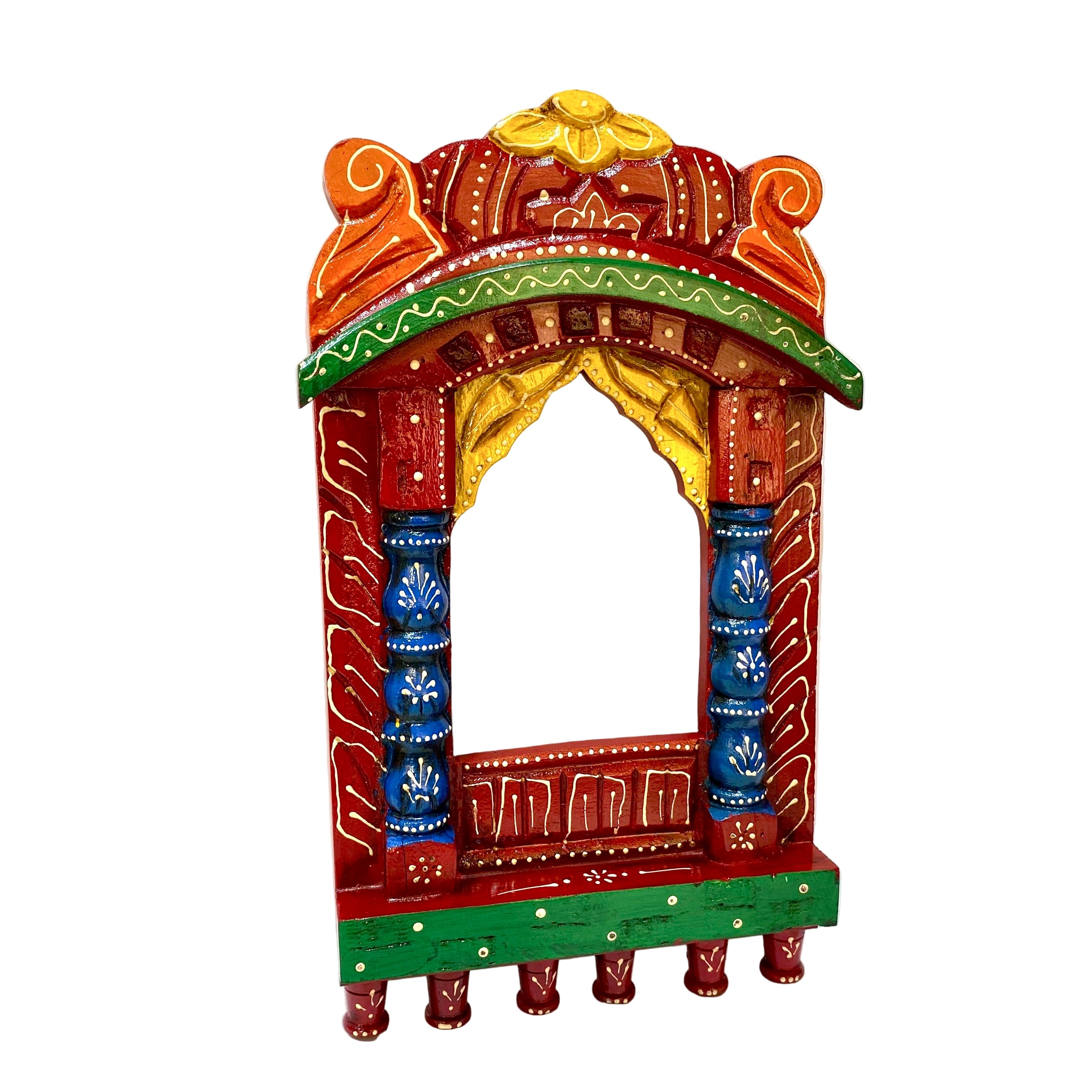 Decorative mirror with colorful arch design on a white background