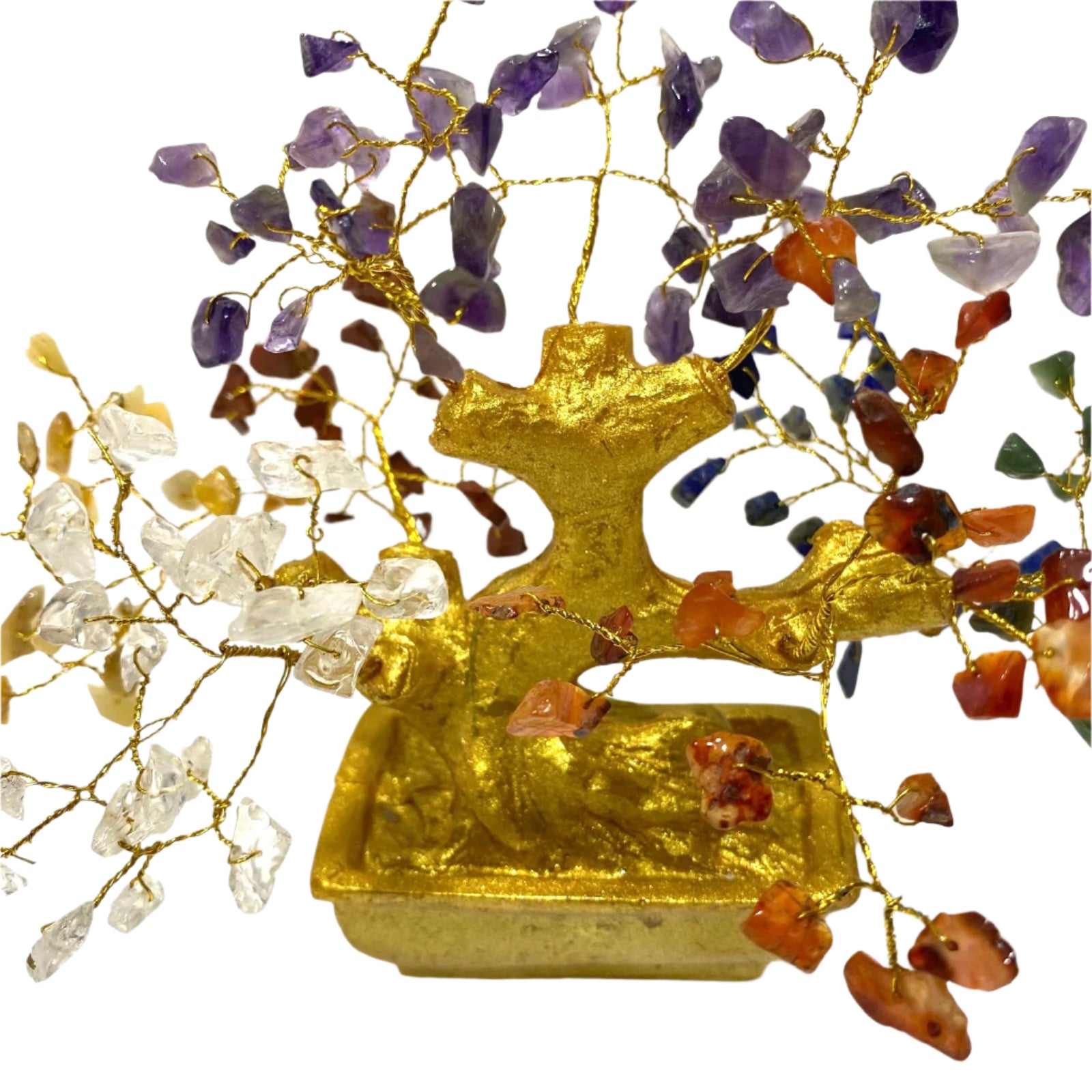 Decorative bonsai tree with gemstones on a white background