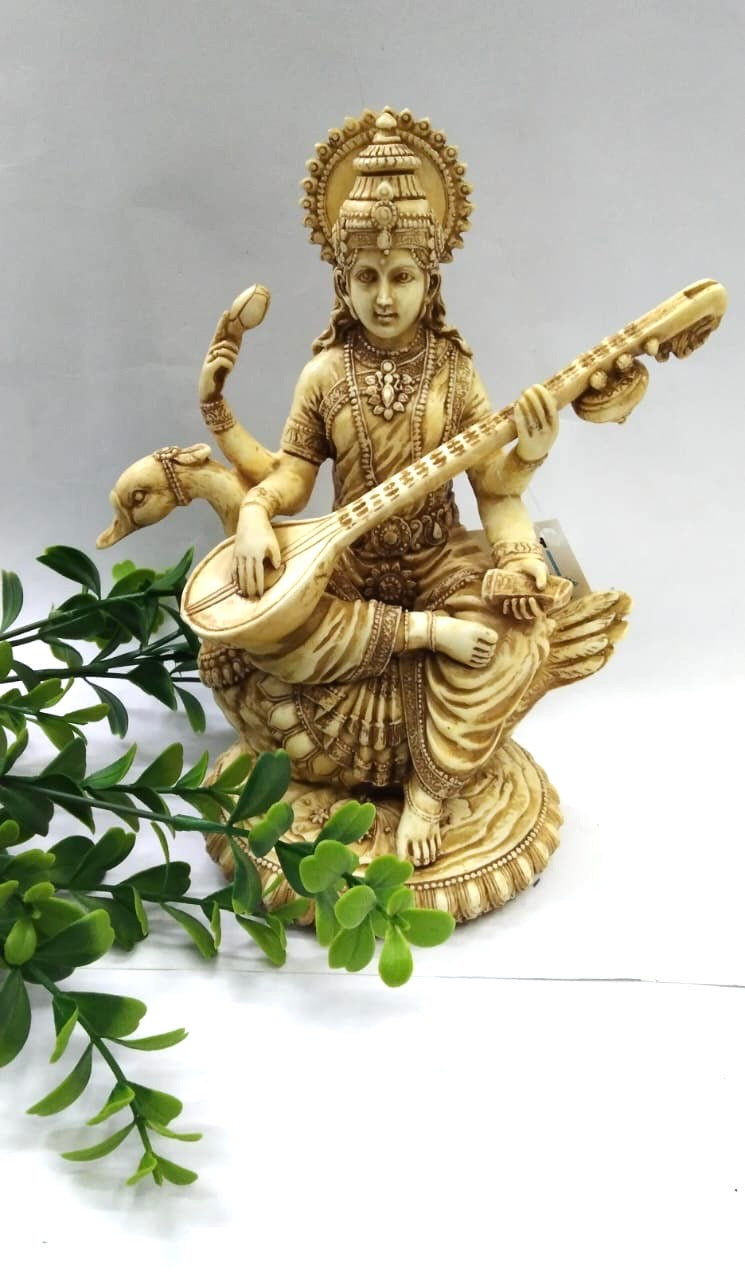 Saraswati Idol Ivory Finish Handcrafted Collectible Spiritual Art From Tamrapatra