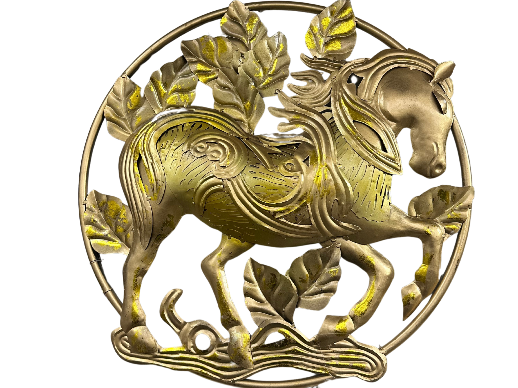 Elegant Horse In Ring Wall Art Gold Painted With LED By Skilled Artisans Tamrapatra