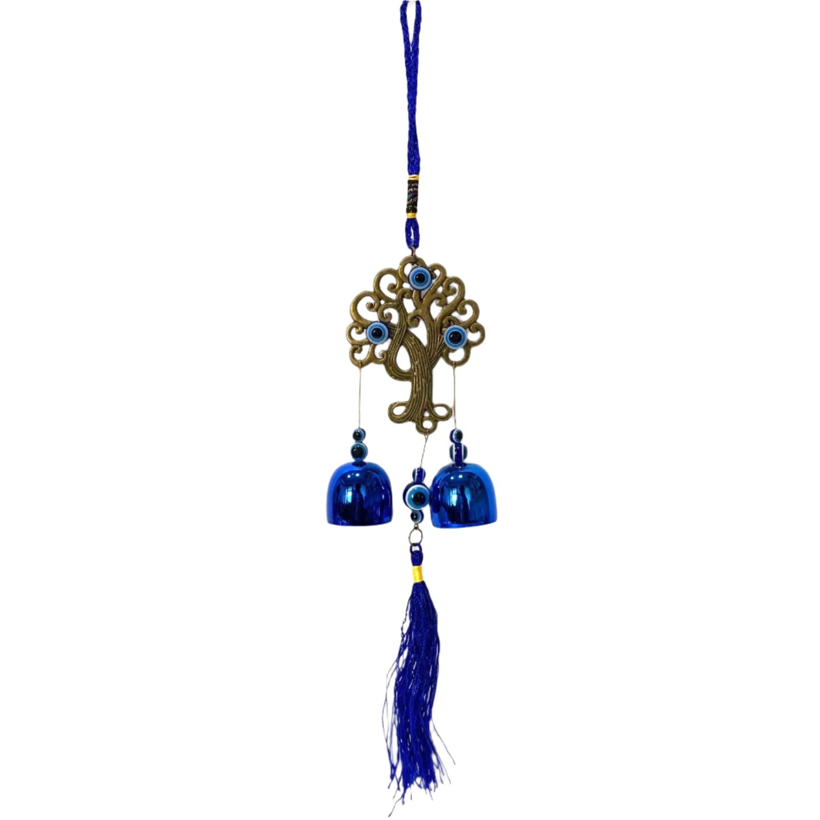 Decorative hanging with blue bells and tassel on a white background