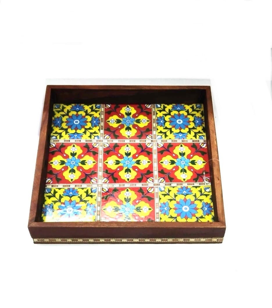 Premium Mango Wood Tray Blue Pottery Tiles Combined By Tamrapatra