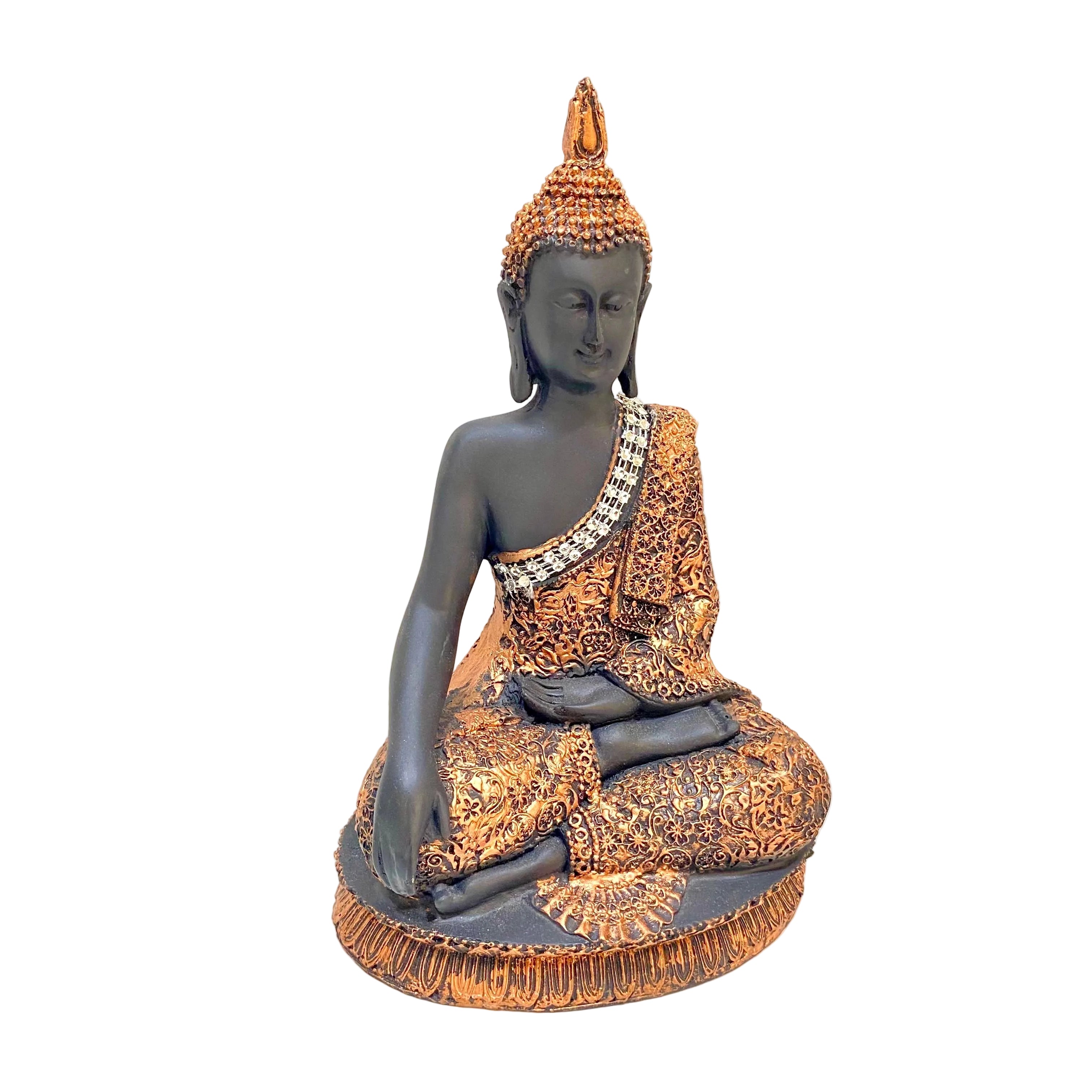 Statue of a seated Buddha figure with intricate details on a white background