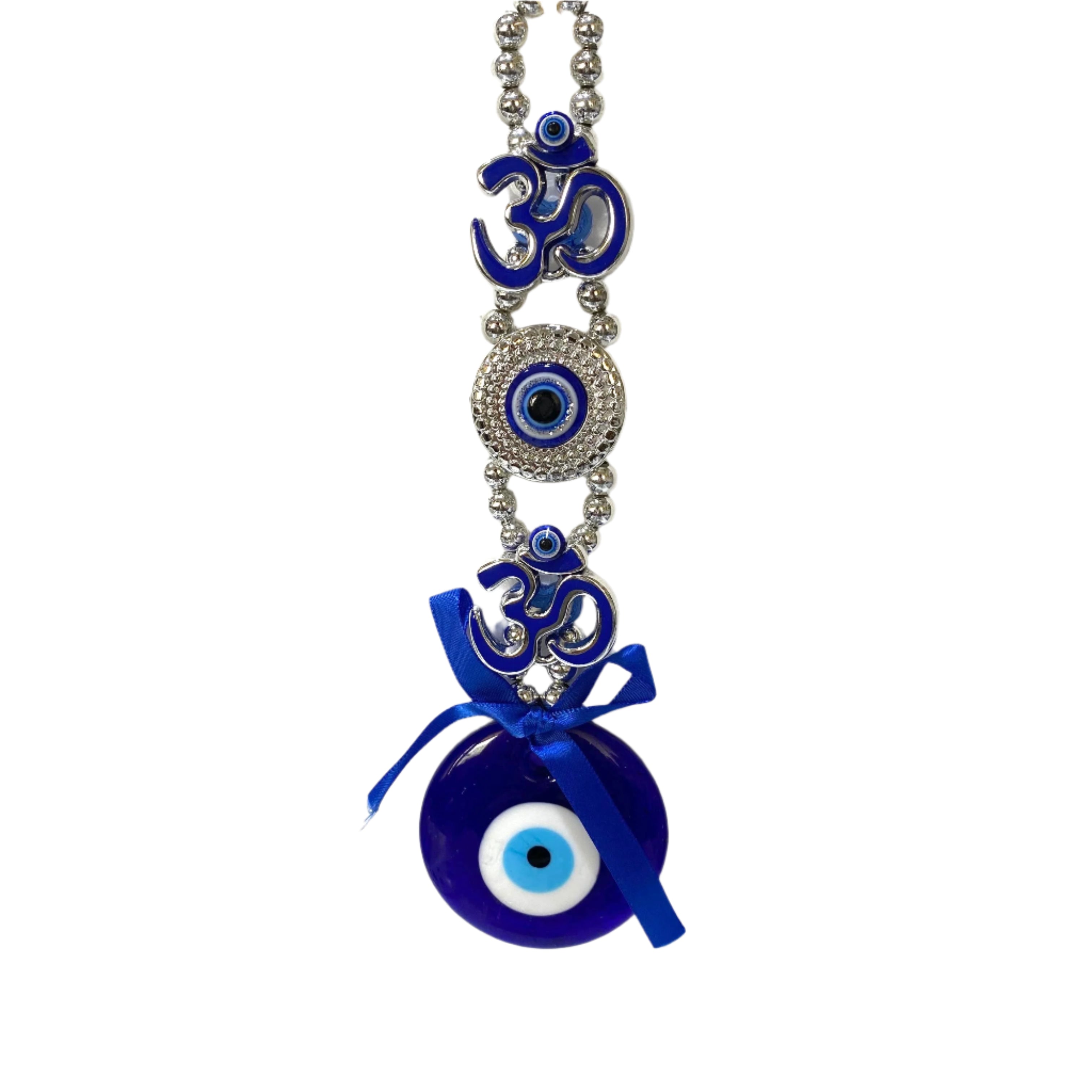 Blue evil eye pendant with Om symbol on a white background