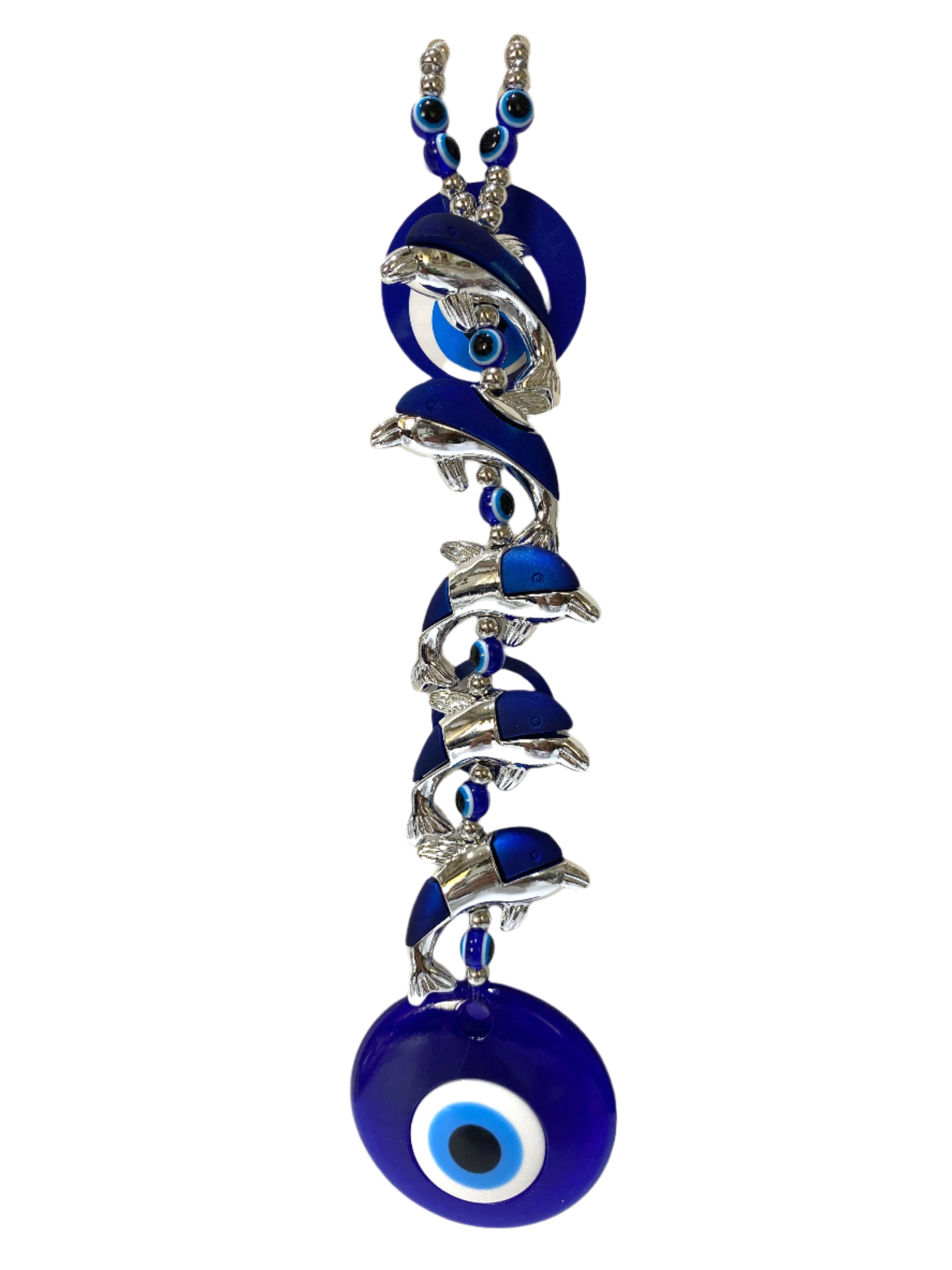 Decorative evil eye pendant with blue and silver design on a white background