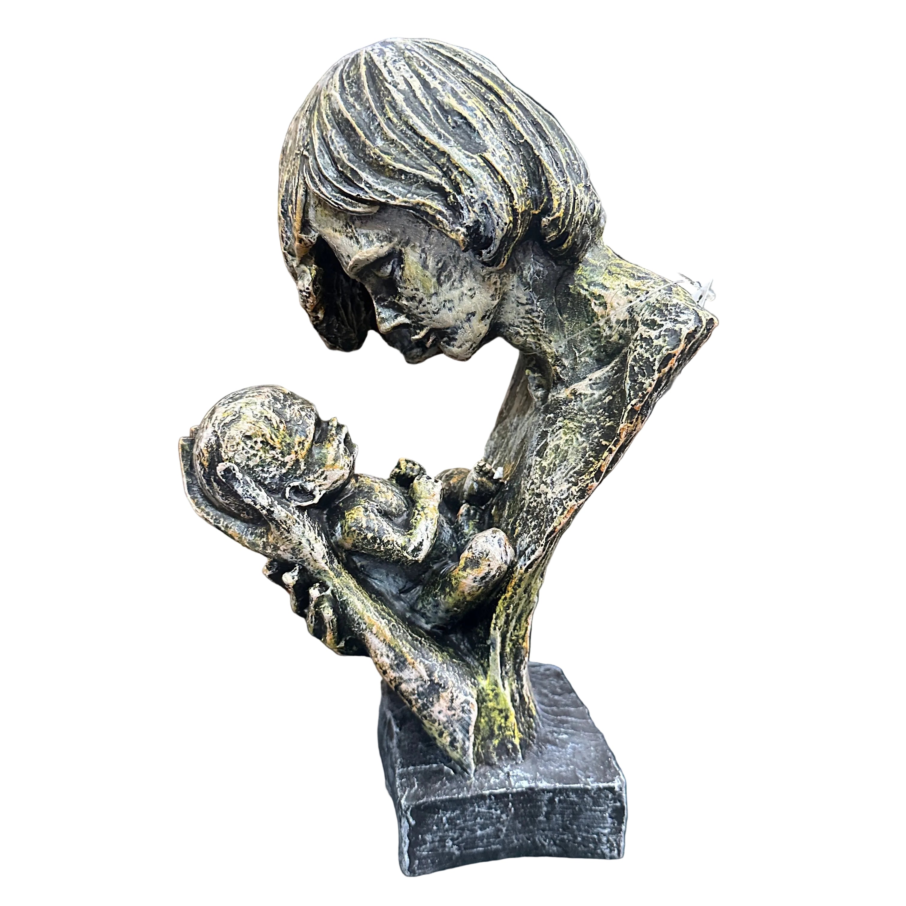 Bronze sculpture of a woman holding a child on a marble surface