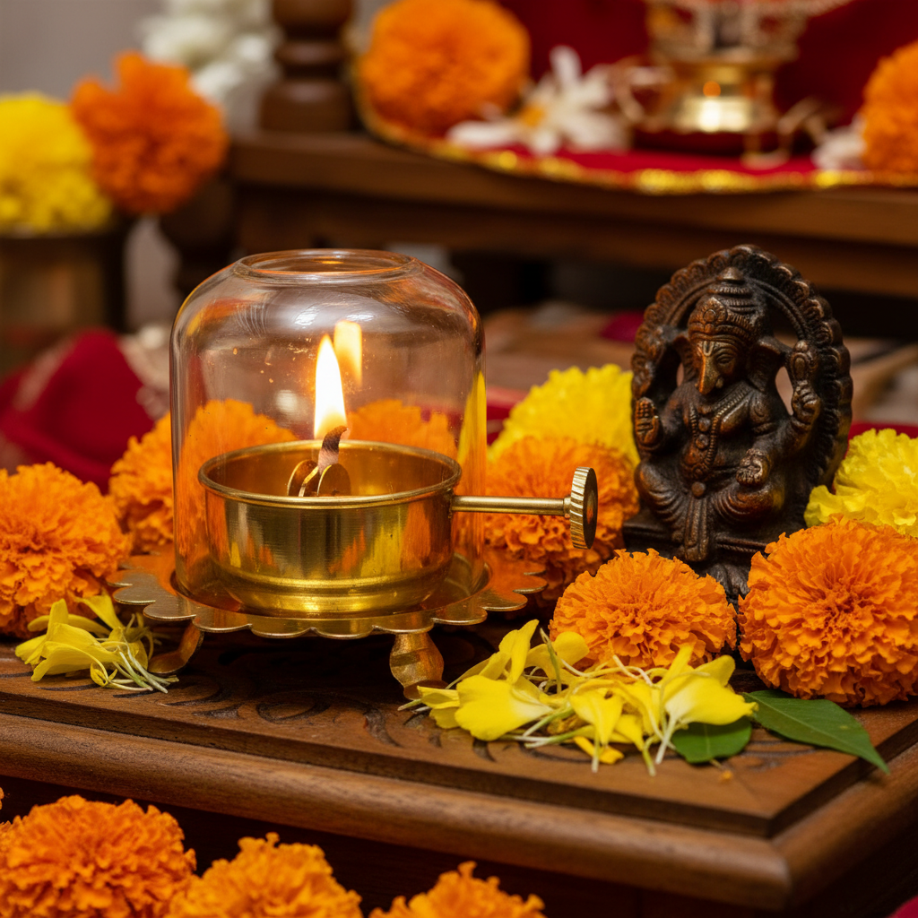 Pooja Akhand Diya Brass Lamp Creations In Various Size Glass Top By Tamrapatra