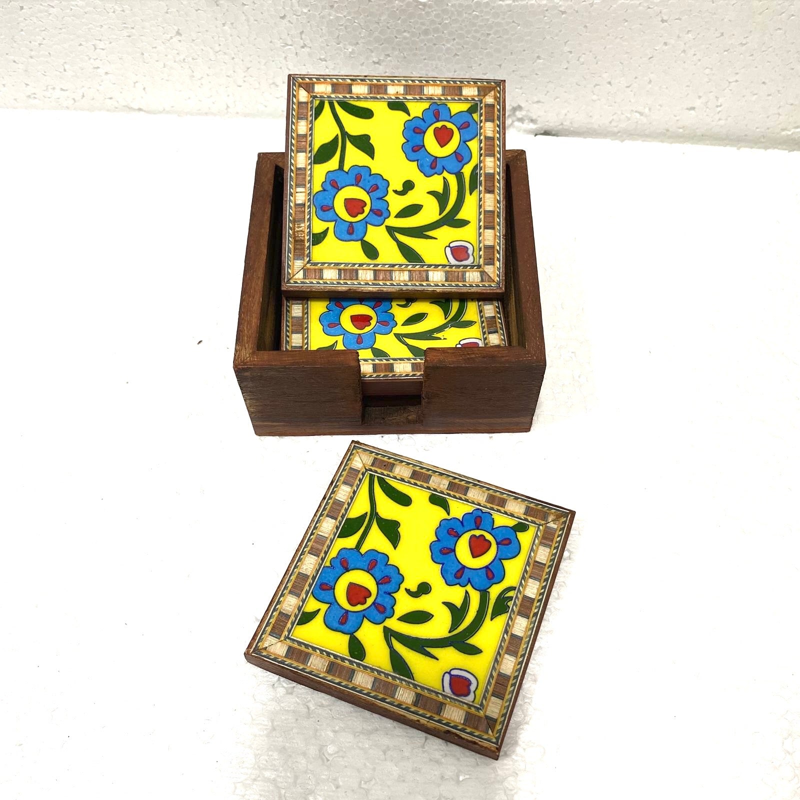 Blue Pottery Tile Fitted Tea Coaster Made With Wood Tableware Tamrapatra