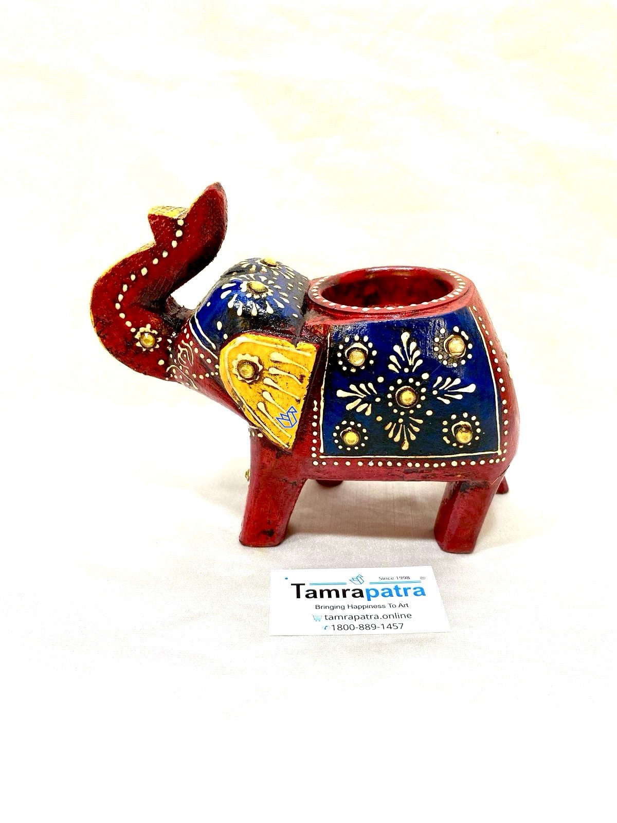 Elephant Tea Light Holder Hand Painted & Carved Wood Collection By Tamrapatra