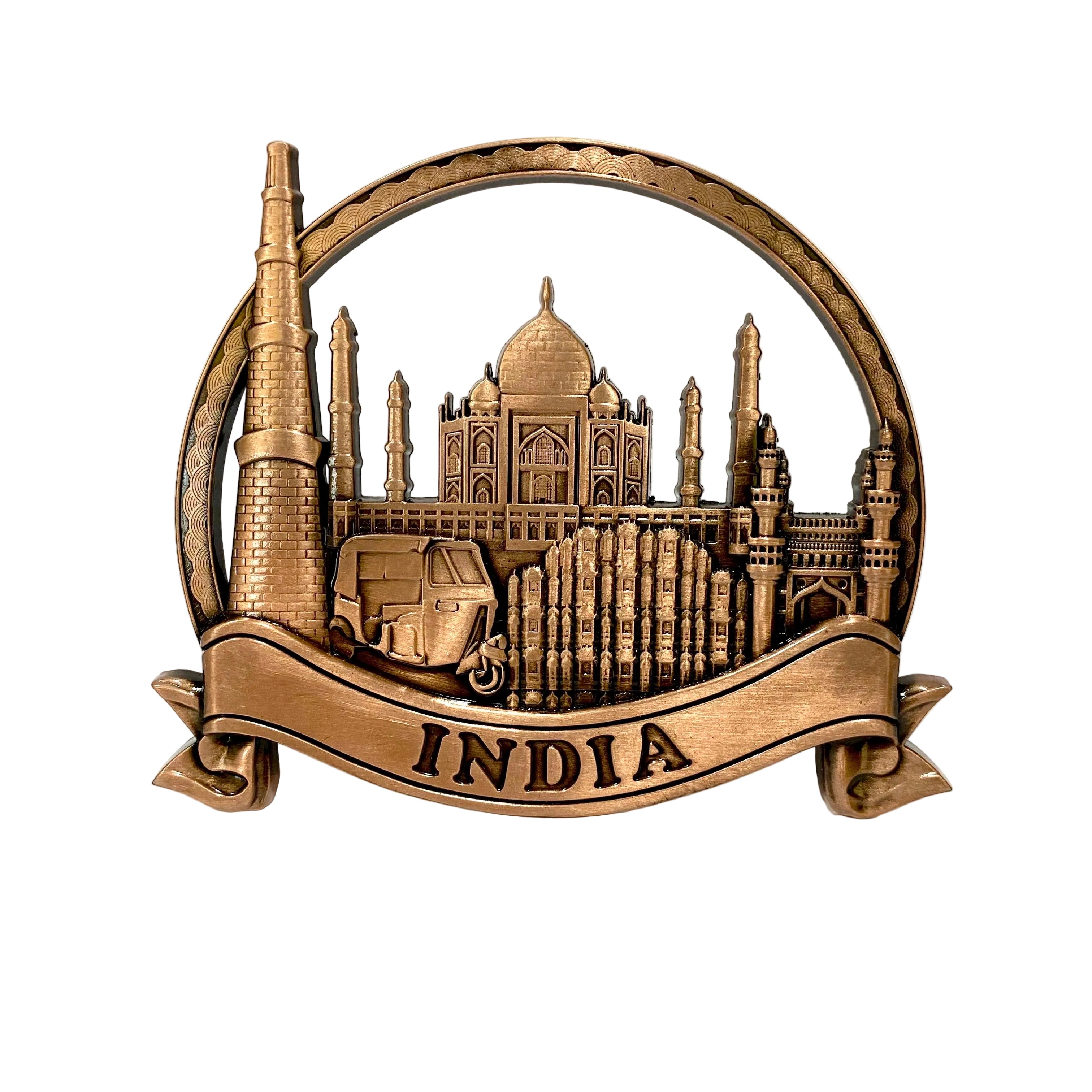 Bronze-colored decorative plaque with Taj Mahal and 'INDIA' text on a white background