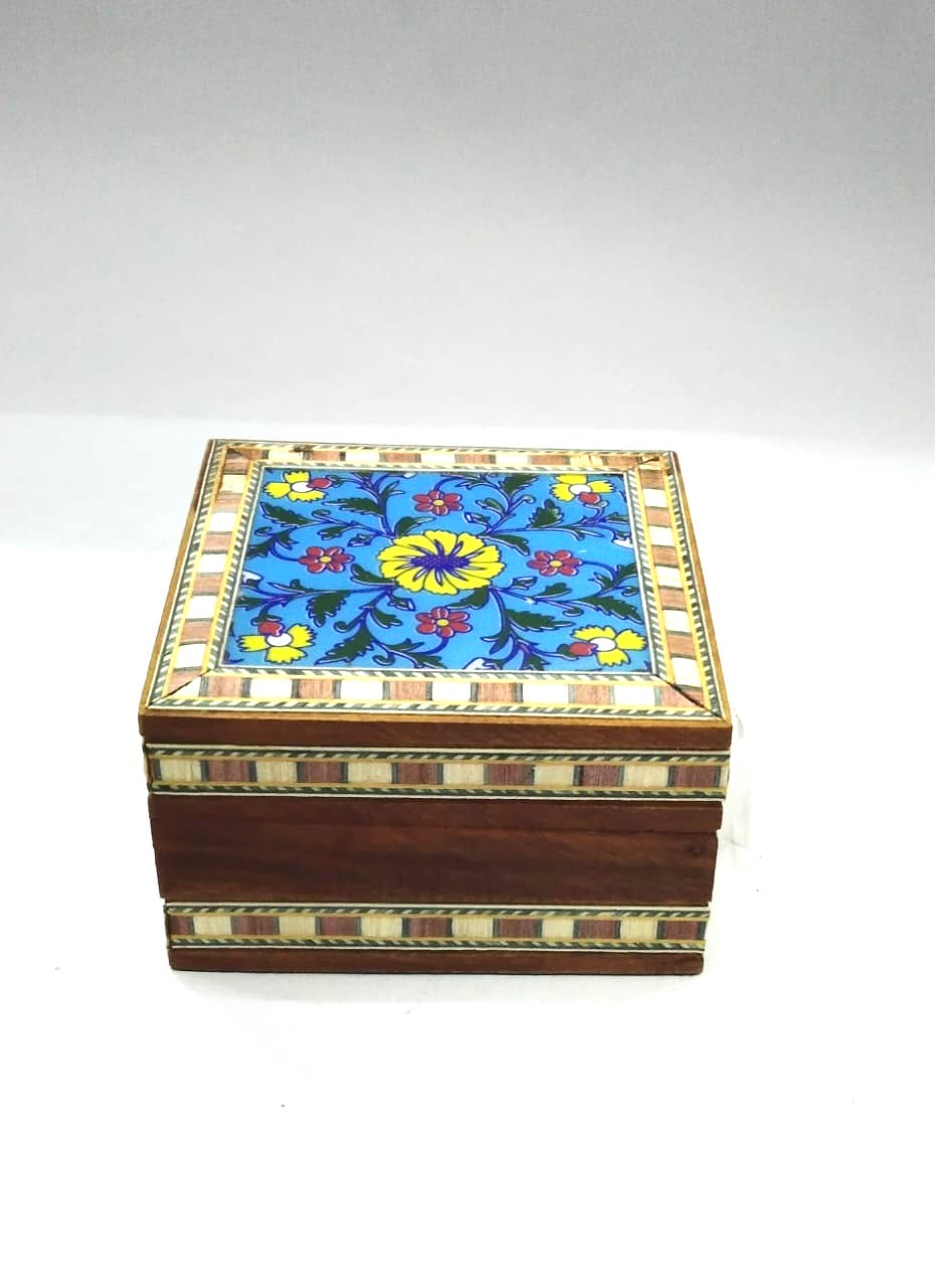 Single Blue Pottery Tile Wooden Box Storage Utility Handcrafted From Tamrapatra