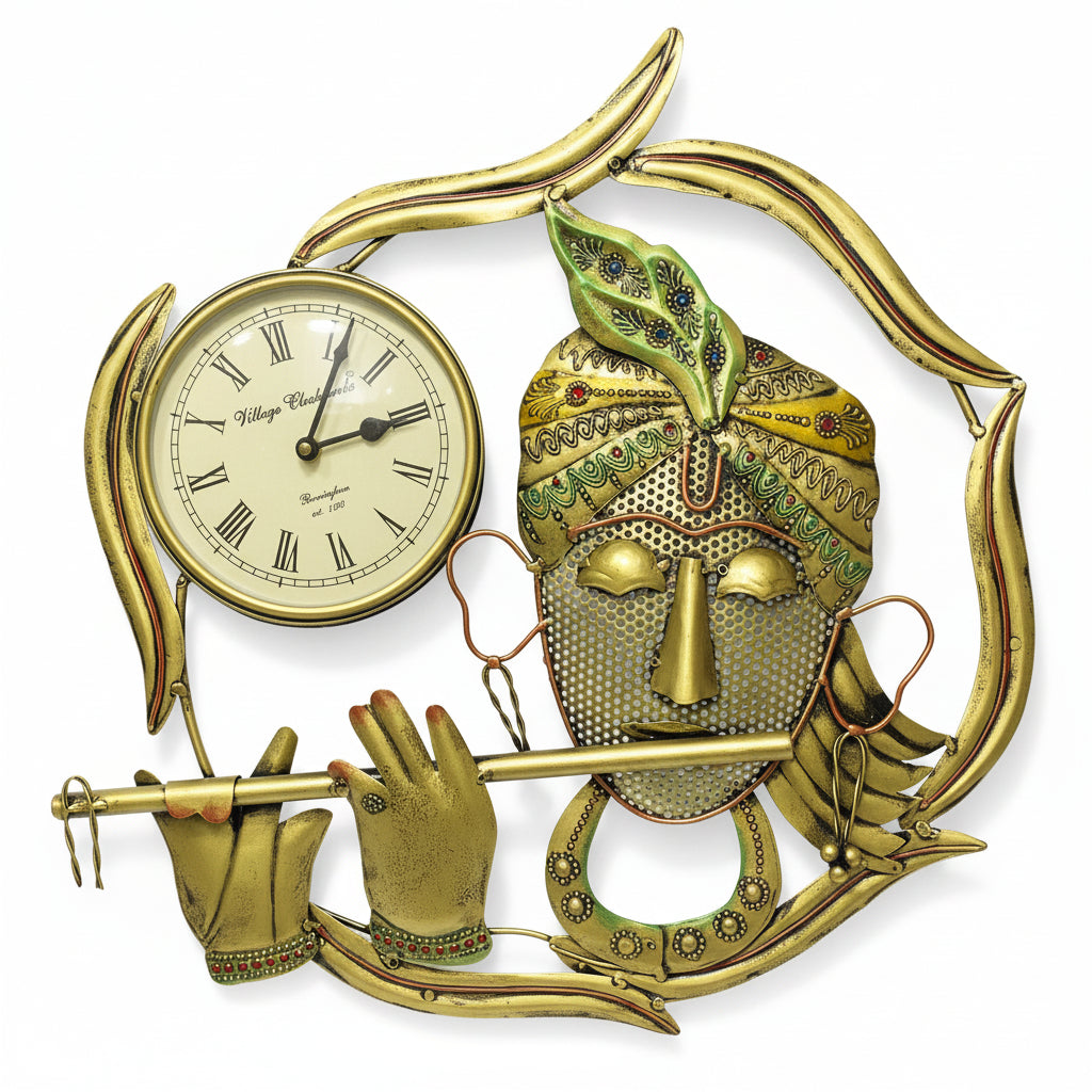 Metal Artwork Of Krishna Ganesh With Clock Wall Décor Utility By Tamrapatra - Tamrapatra