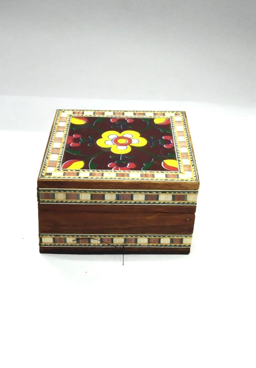 Single Blue Pottery Tile Wooden Box Storage Utility Handcrafted From Tamrapatra