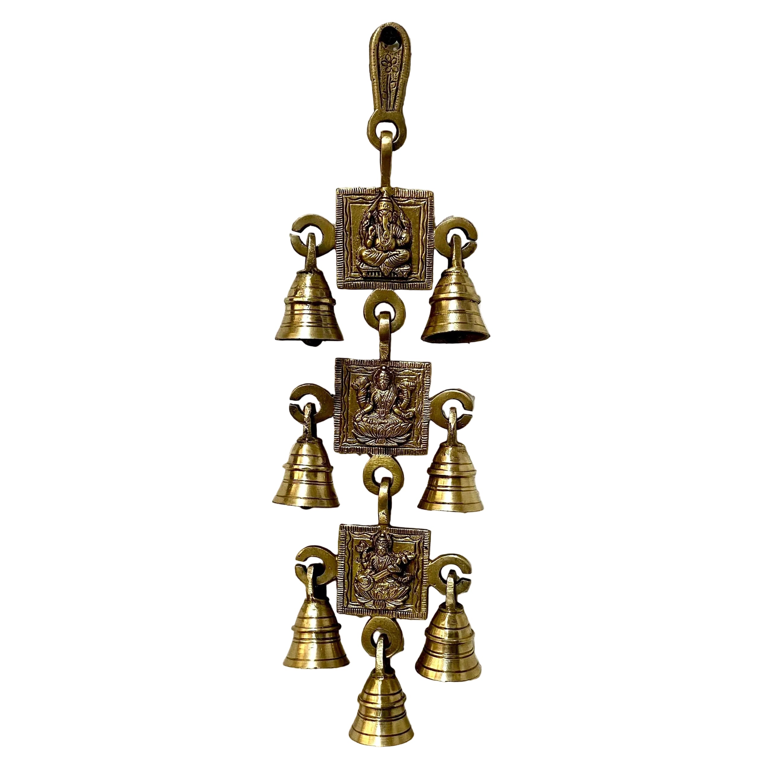 Brass door bell chime on a textured white wall
