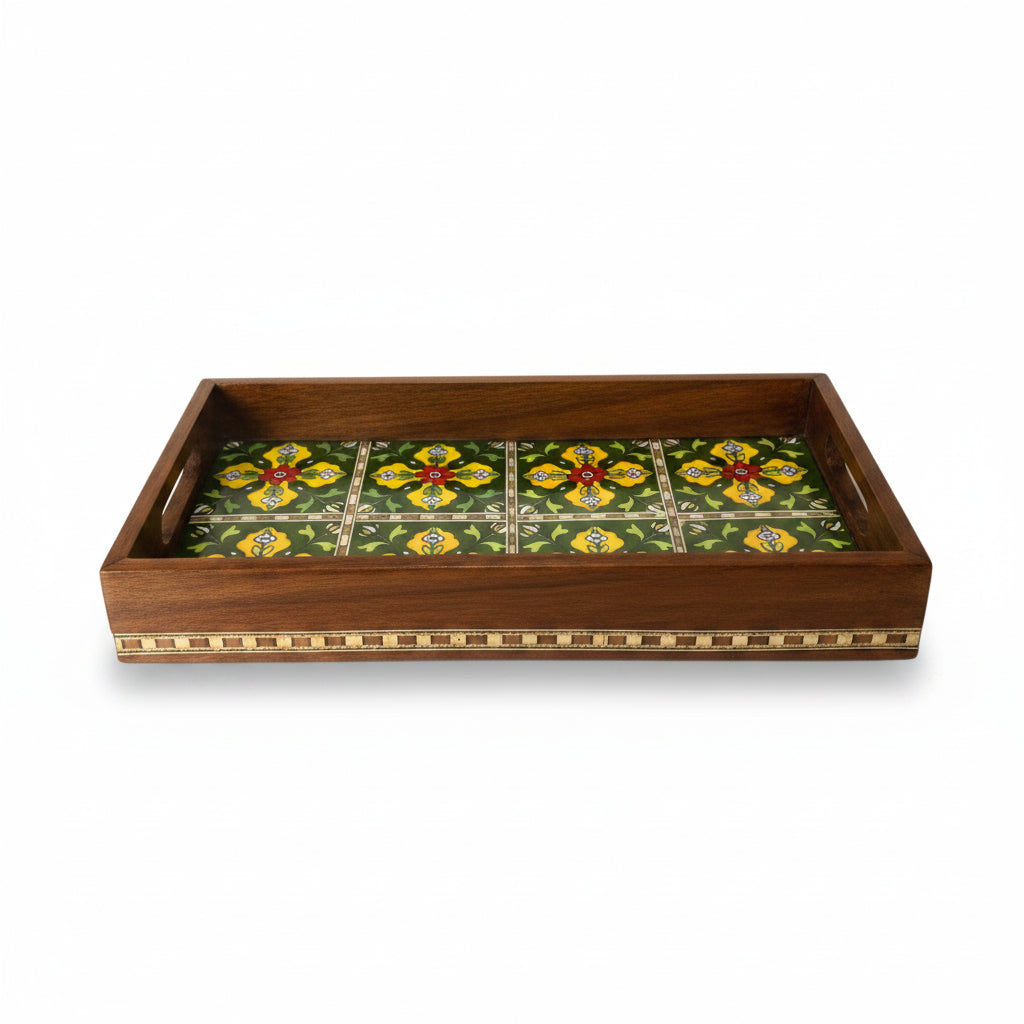 Decorative wooden box with a patterned lid on a white surface