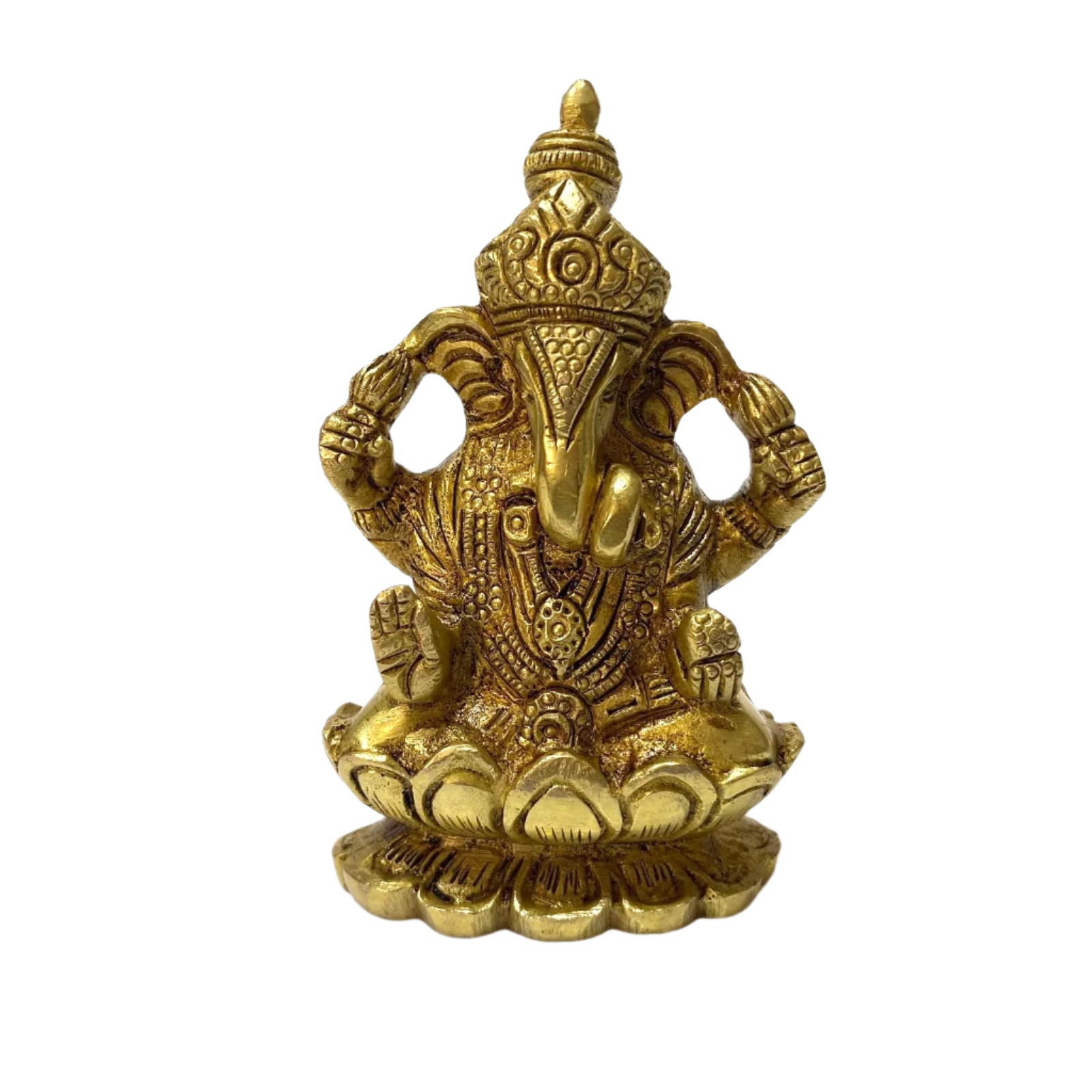 Gold-colored statue of a deity on a white background