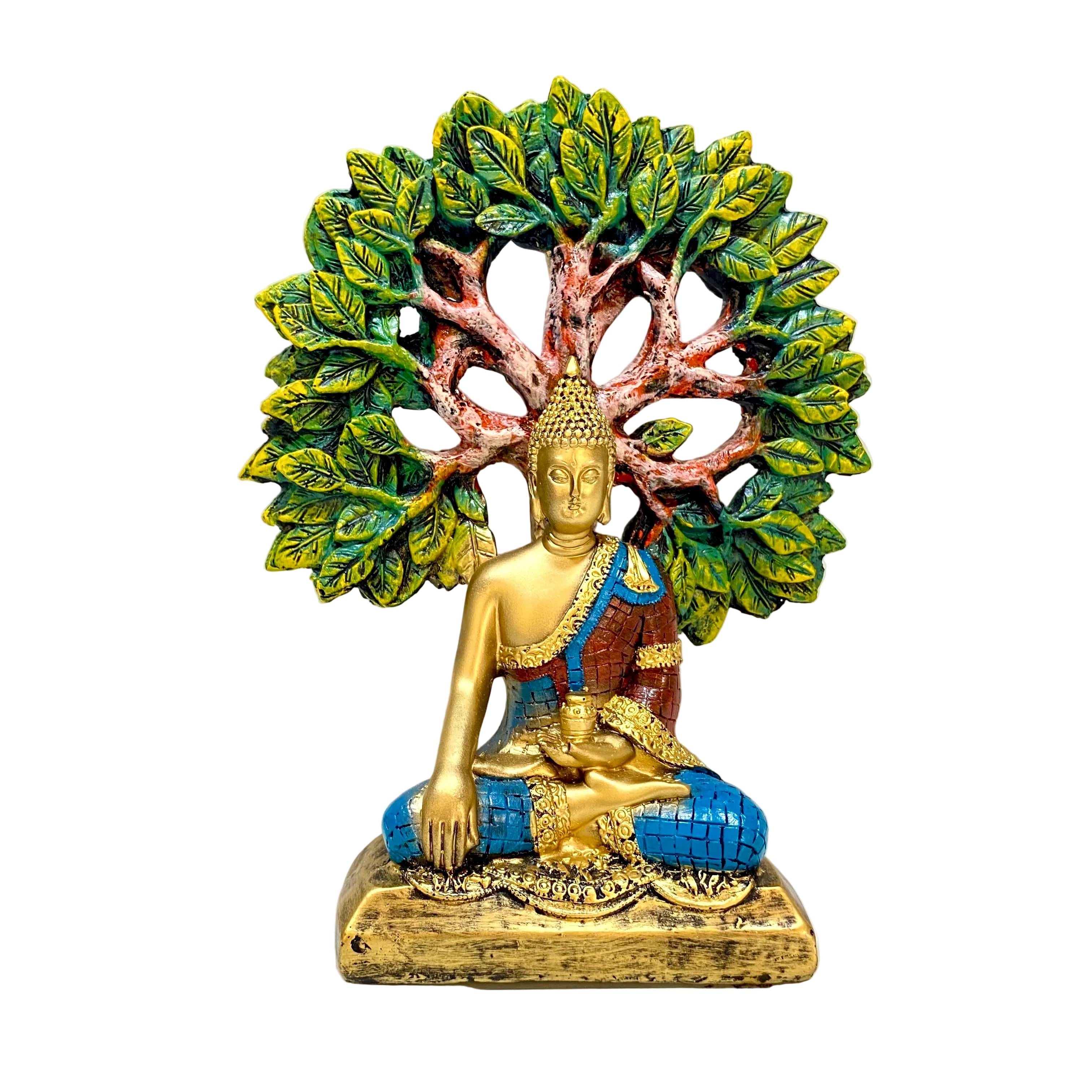 Statue of a seated Buddha figure with a tree of life behind it on a white background