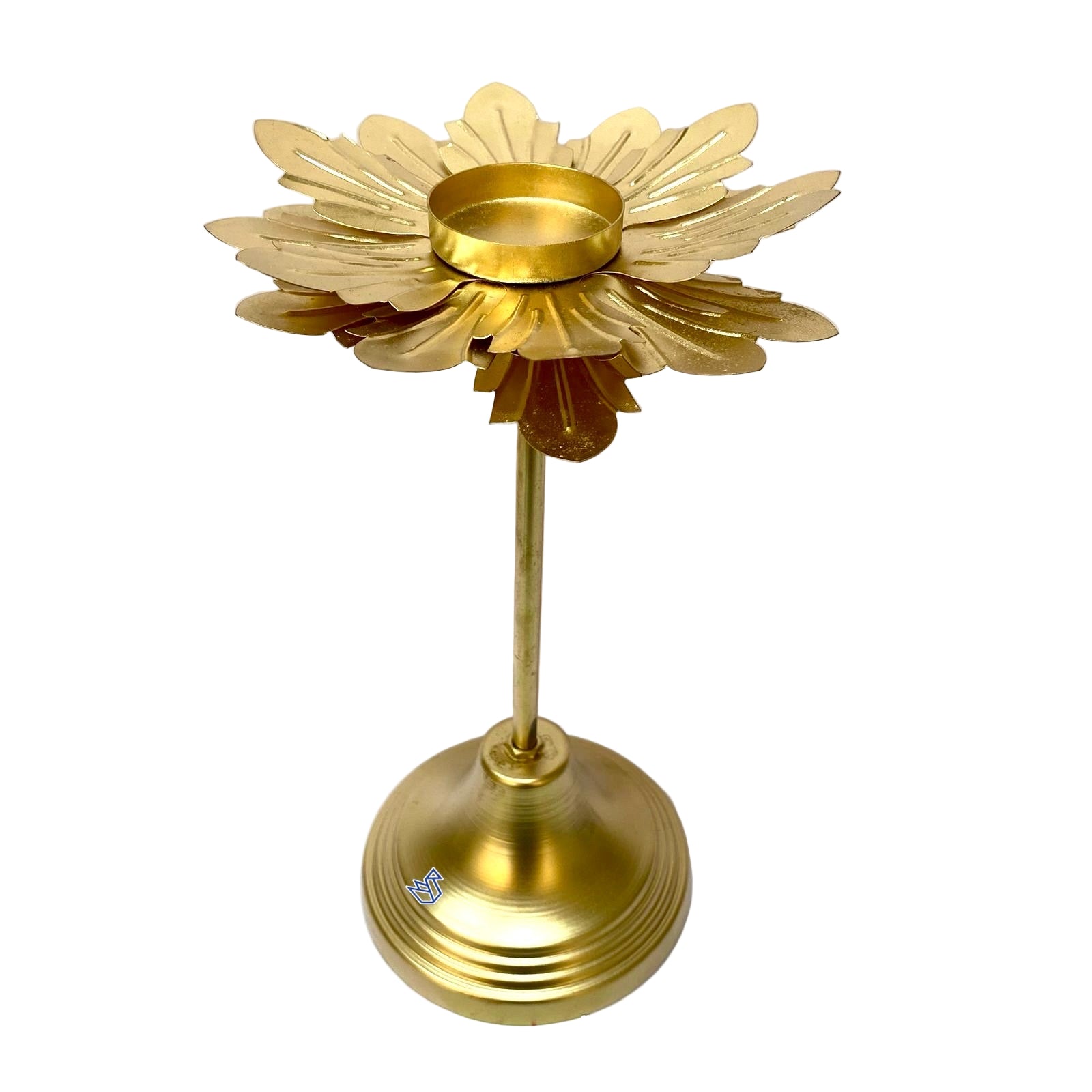 Gold candle holder with a floral design on a white background