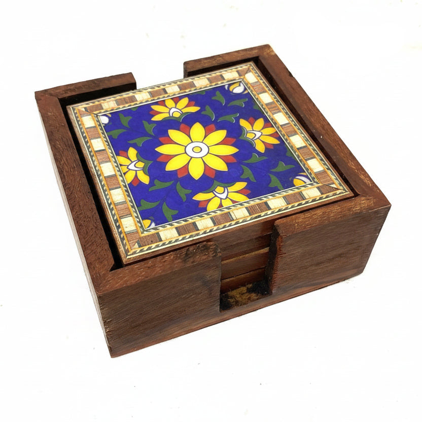 Blue Pottery Tile Fitted Tea Coaster Made With Wood Tableware Tamrapatra - Tamrapatra
