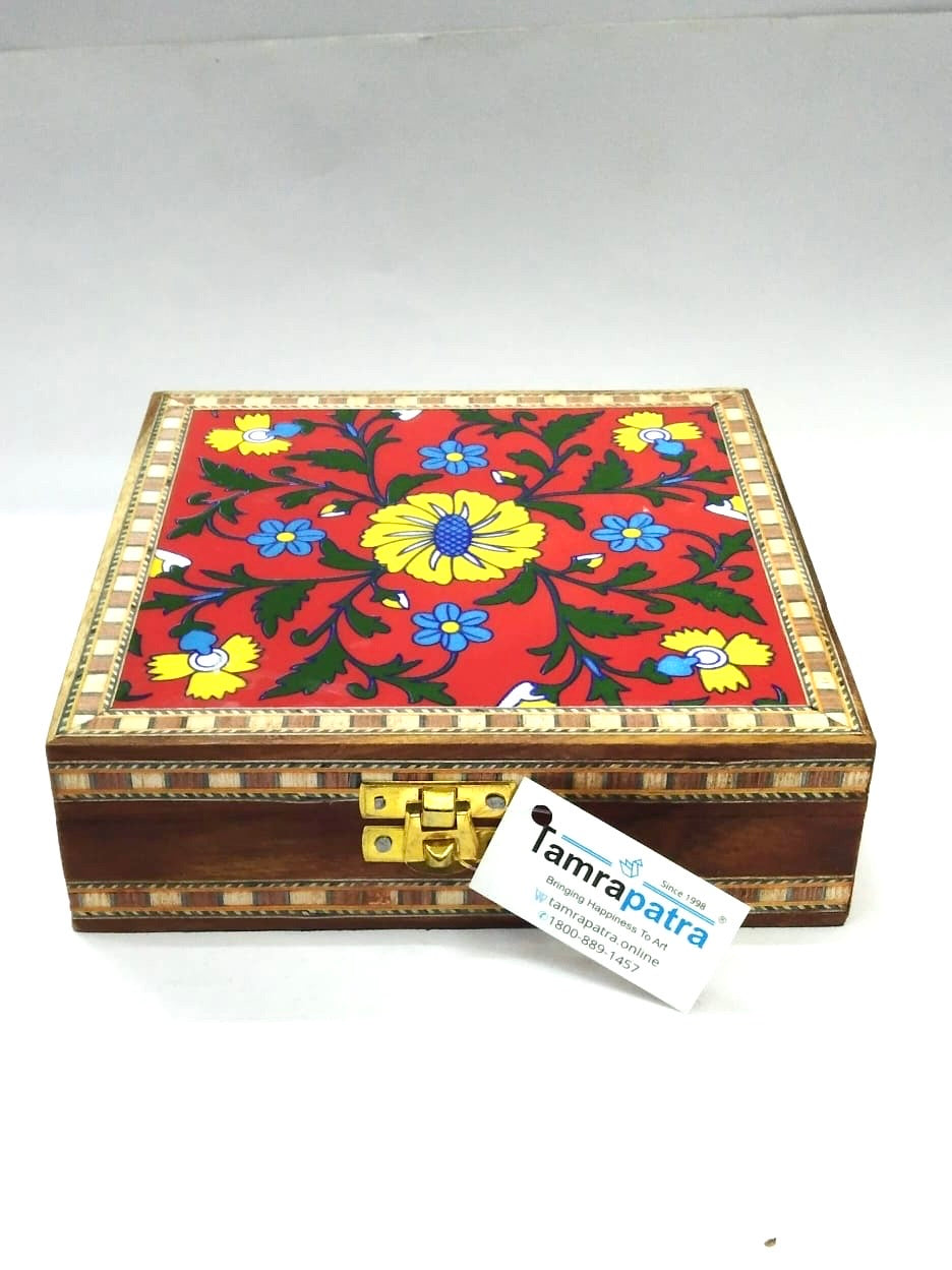 Blue Pottery Tile Wooden Box Storage Utility Jewelry New Arrival Tamrapatra