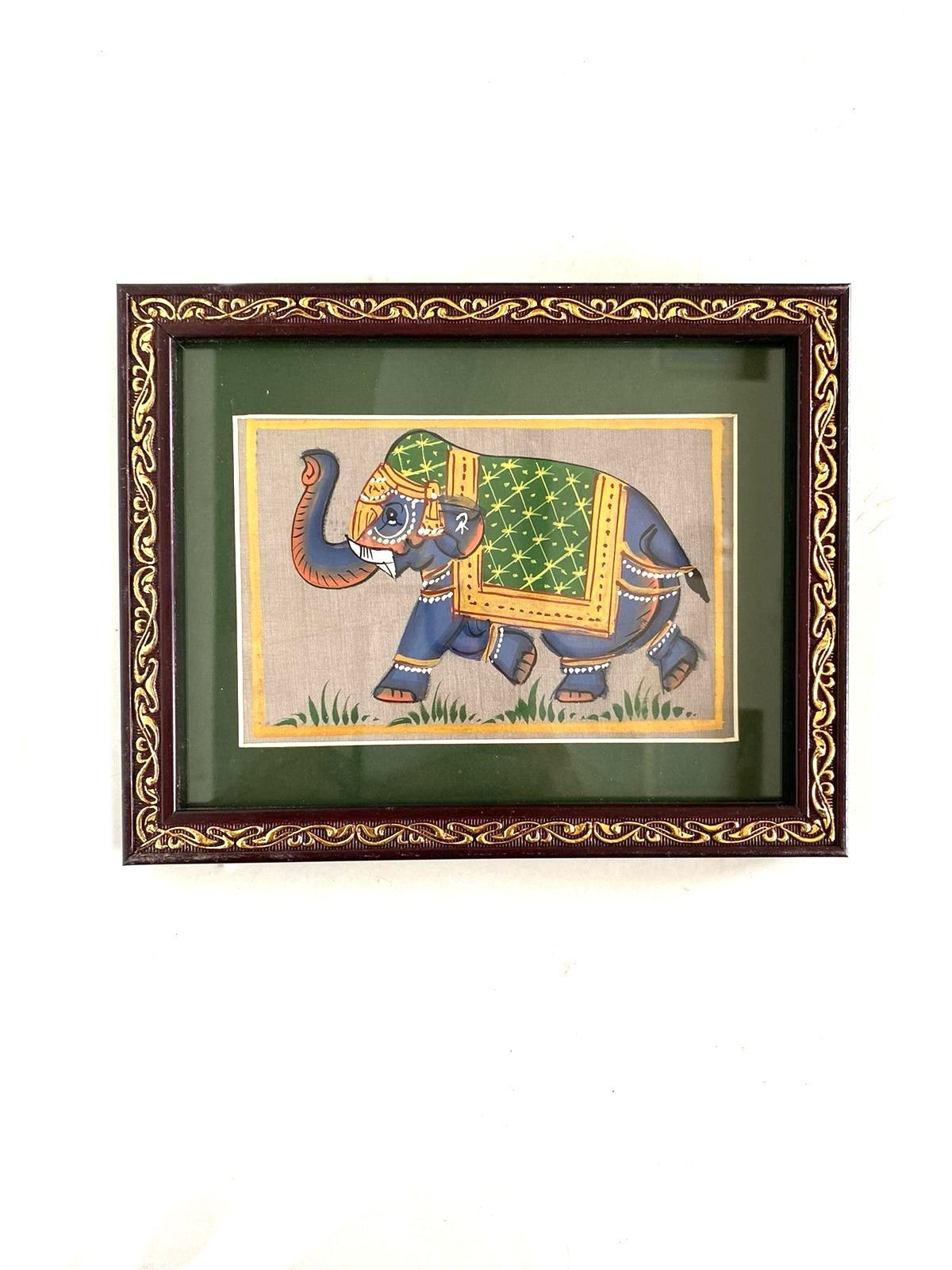 Hand Painted Elephants On Cloth Enclosed In Frame Hangings From Tamrapatra