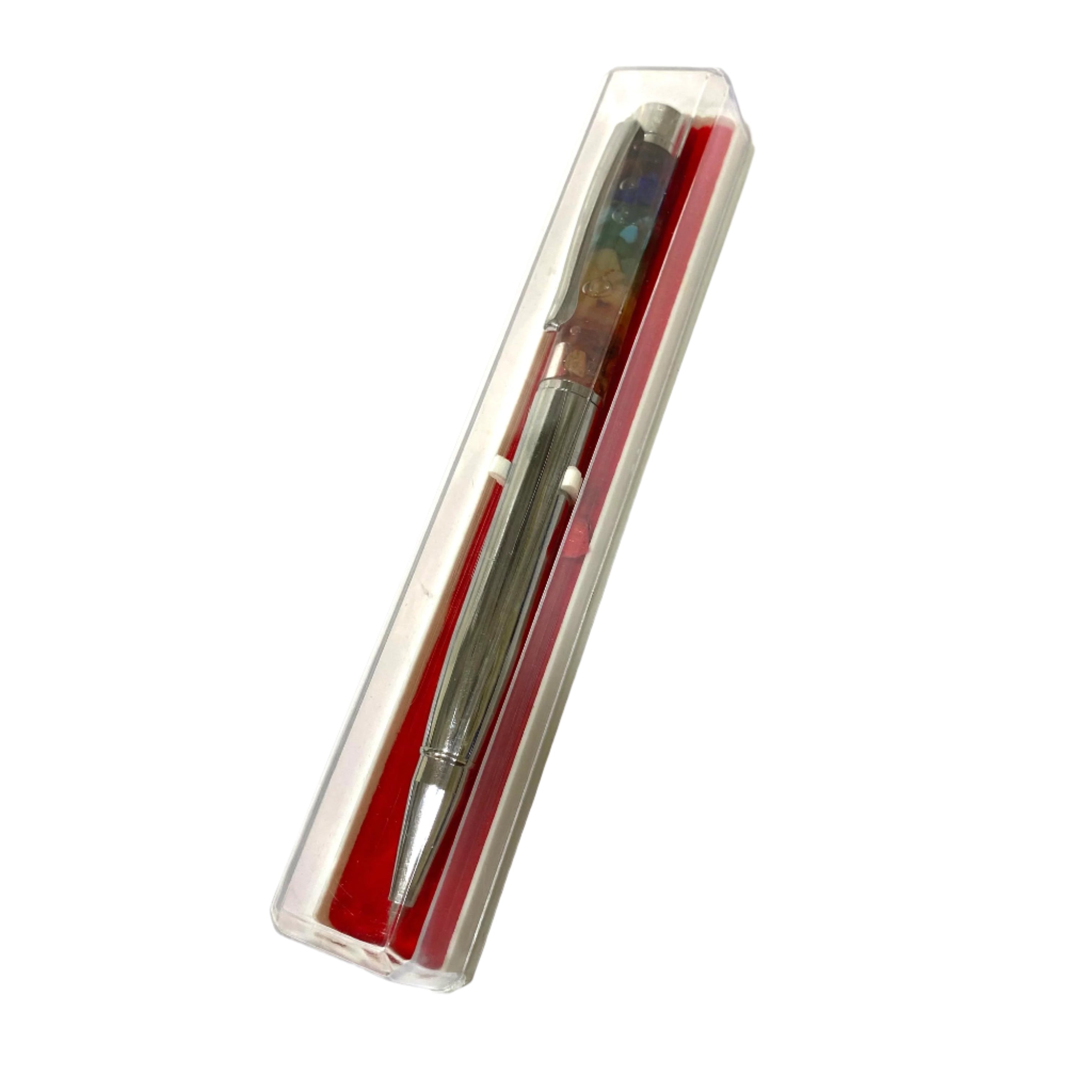 Pen in a clear plastic case on a white background