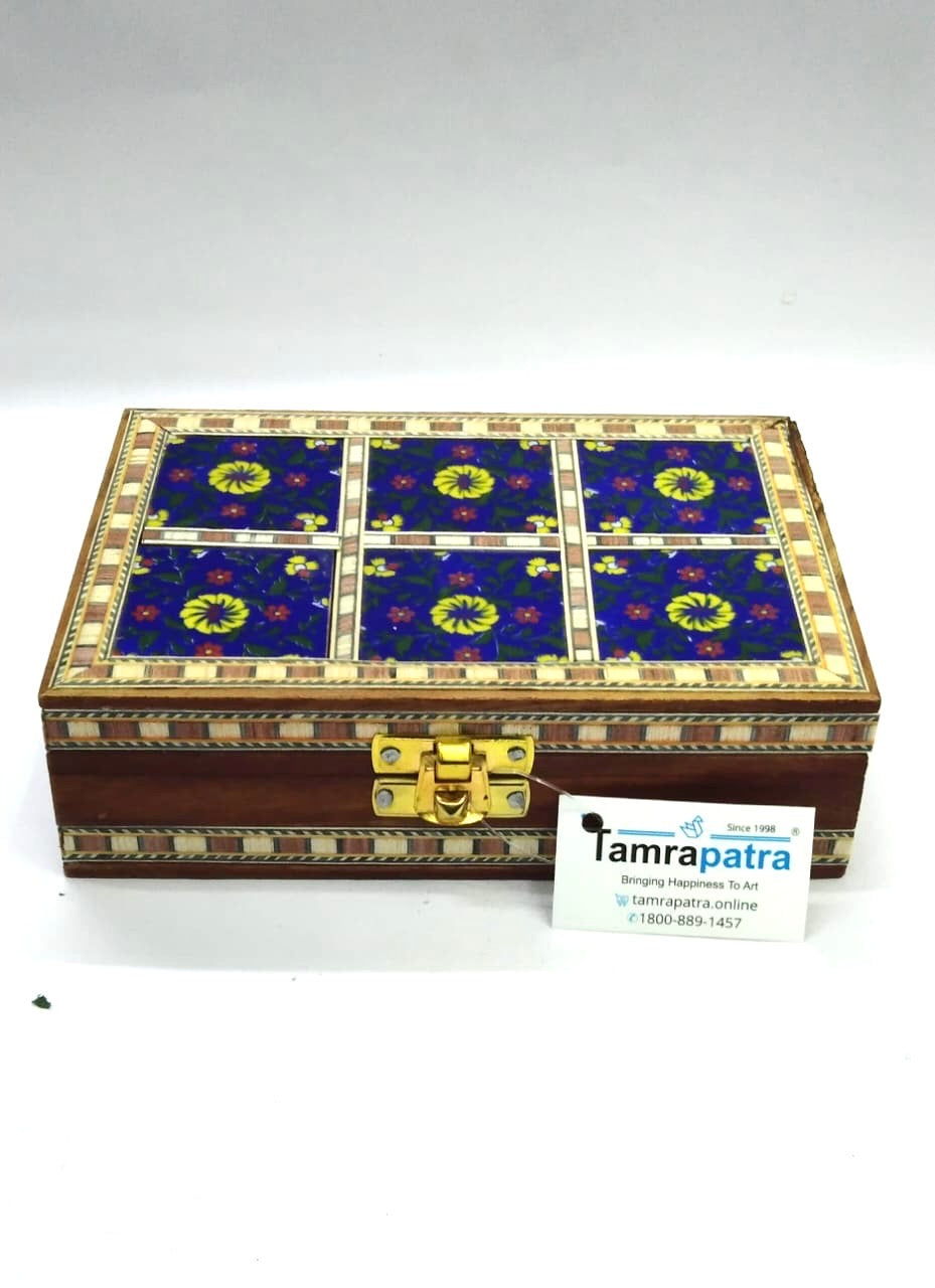 Blue Pottery Wooden Box With Lock Handcrafted Decoration Gifts By Tamrapatra