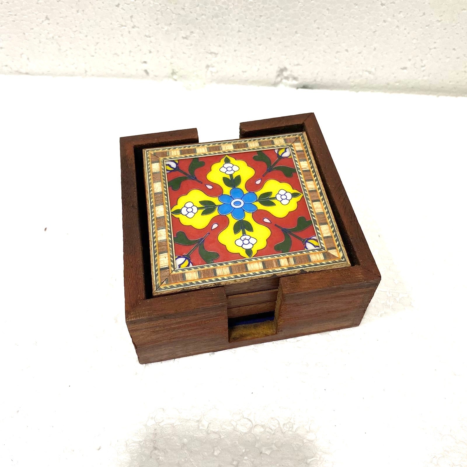 Blue Pottery Tile Fitted Tea Coaster Made With Wood Tableware Tamrapatra