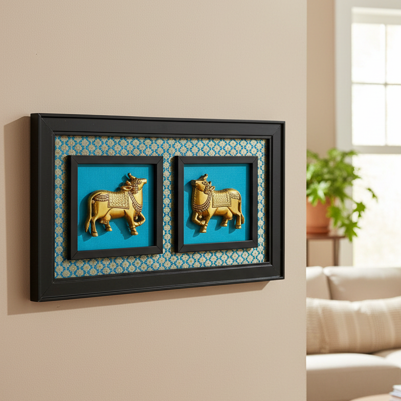 Brass Cow Enclosed In Beautiful Frame Exclusive Crafts Collectible By Tamrapatra
