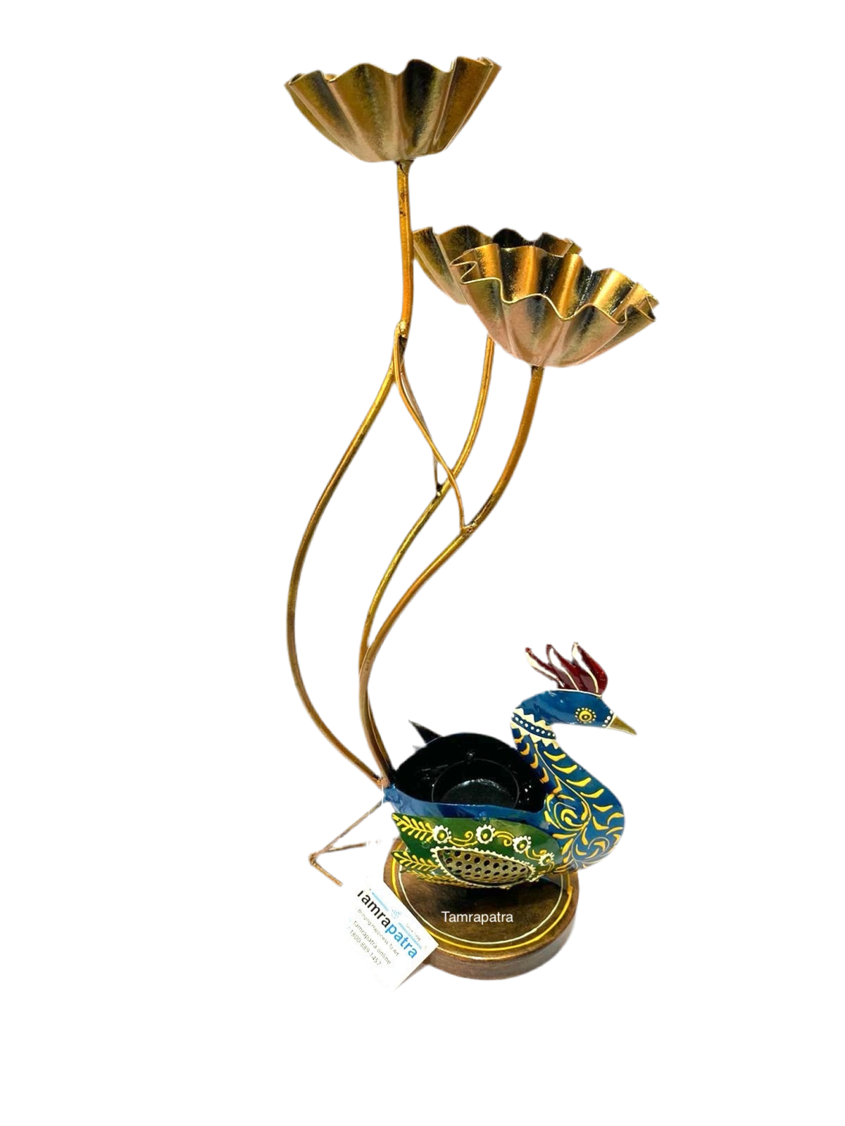 Peacock Shaped Metal Decorative Artefact With 3/4 Candle Holder Tamrapatra